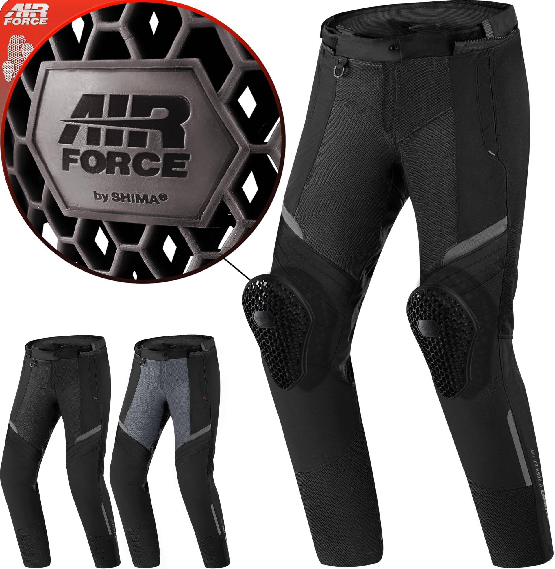 SHIMA RUSH Motorradhose Damen mit Protektoren Mesh | AIRFORCE Knieprotektoren | Sommer Luftig Motorrad Hosen Wasserdicht Motorradkombi Motorradjacke Touren (Schwarz, Frauen, Textilehose, Größe 3XL) von SHIMA