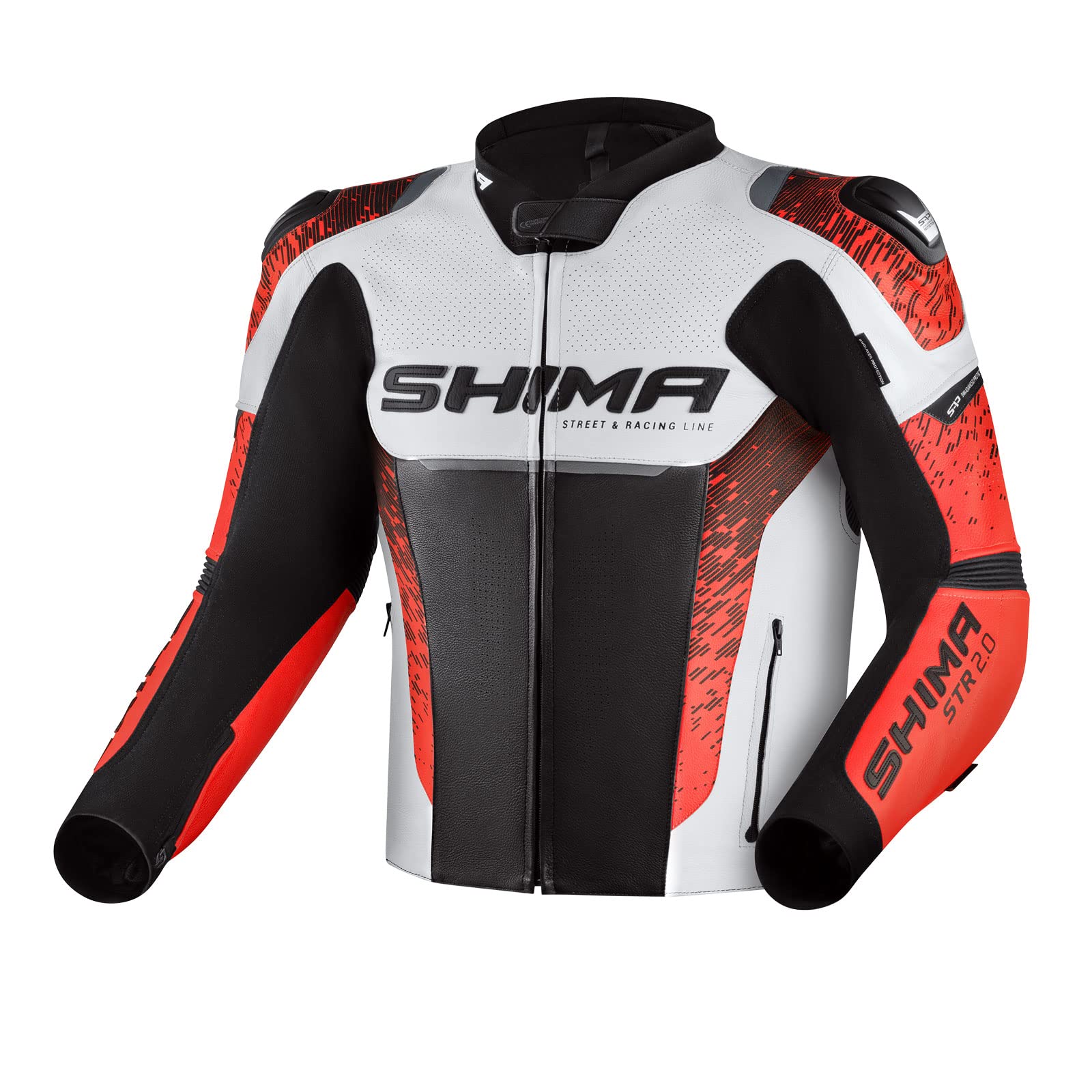 SHIMA STR 2.0 Motorradjacke - Leder, Sportjacke mit Rücken-, Ellbogen- und Schulterprotektoren, perforiertes Leder, für 2-teiligen Kombi (Red Fluo, 56) von SHIMA