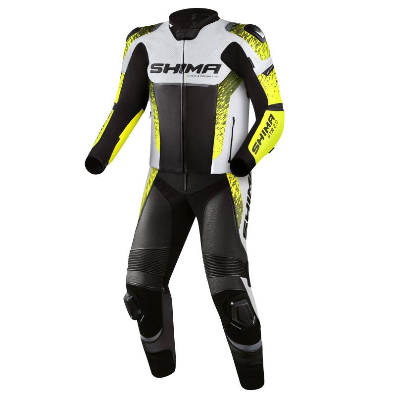 SHIMA STR 2.0 Motorradkombi - Leder, Sport Kombi mit Rücken-, Ellbogen-, Knie-, Hüft- und Schulterprotektoren, perforiertes Leder, 2-teiligen, Jacke und Hosen (46, Fluo) von SHIMA