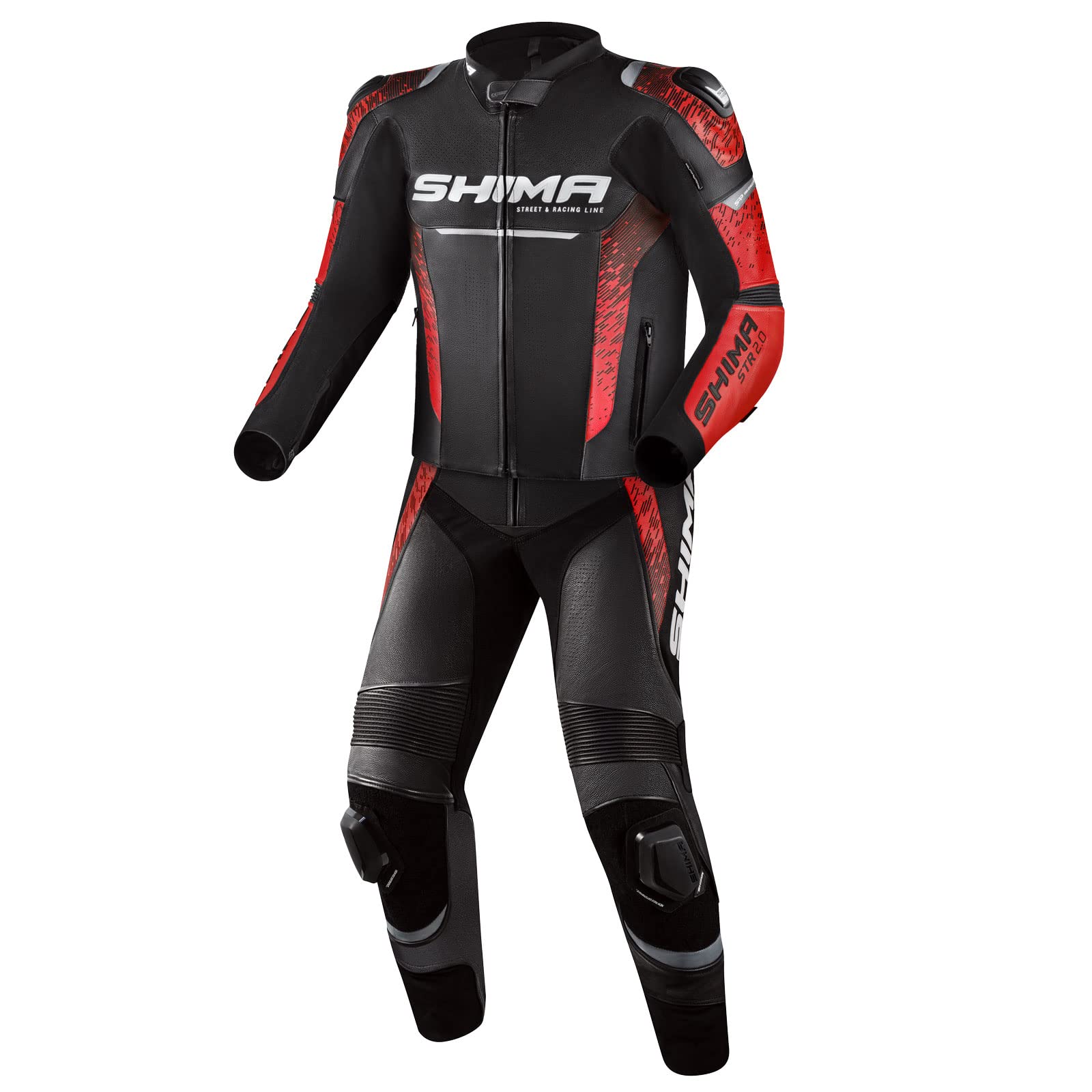 SHIMA STR 2.0 Motorradkombi - Leder, Sport Kombi mit Rücken-, Ellbogen-, Knie-, Hüft- und Schulterprotektoren, perforiertes Leder, 2-teiligen, Jacke und Hosen (46, Rot) von SHIMA