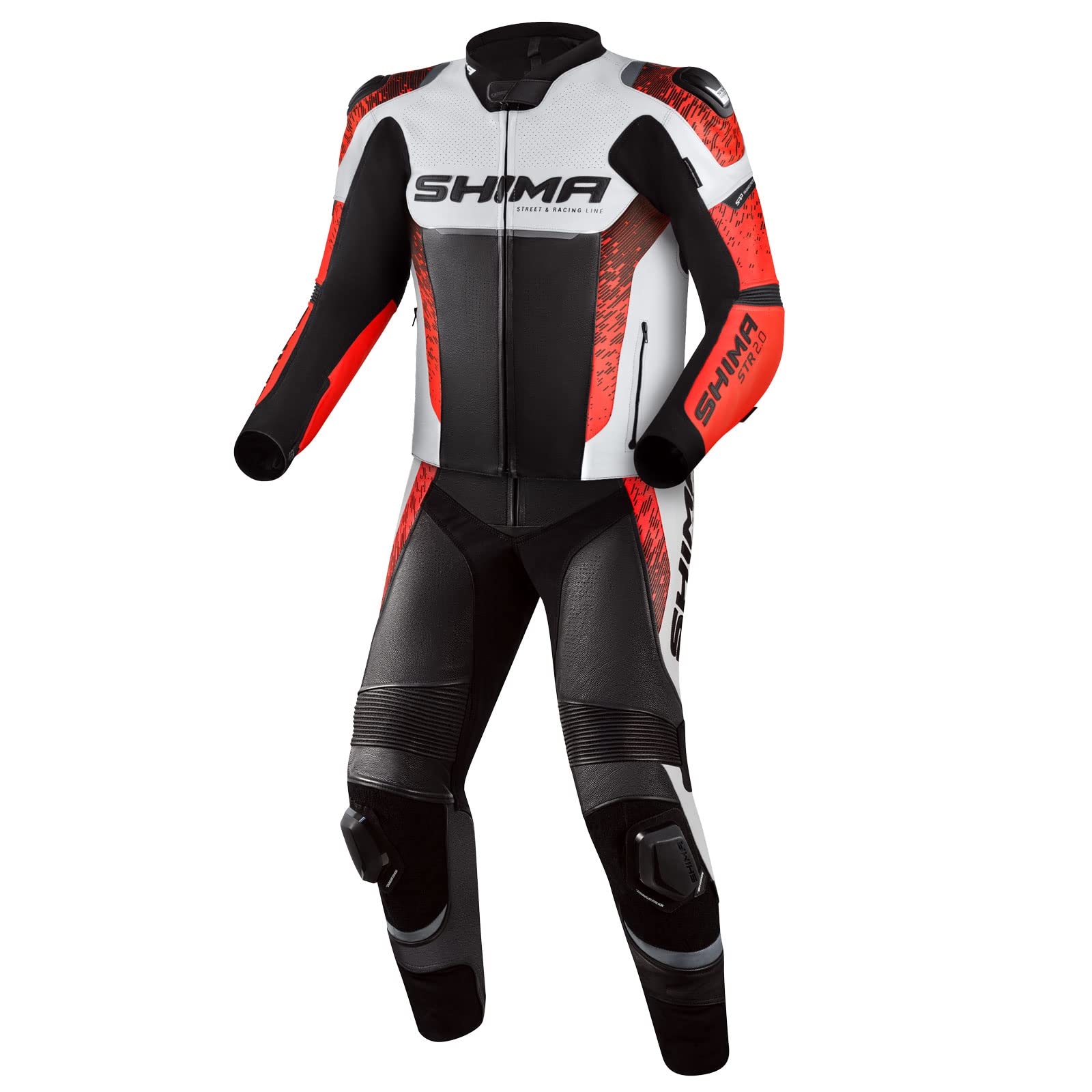 SHIMA STR 2.0 Motorradkombi - Leder, Sport Kombi mit Rücken-, Ellbogen-, Knie-, Hüft- und Schulterprotektoren, perforiertes Leder, 2-teiligen, Jacke und Hosen (46, Rot Fluo) von SHIMA