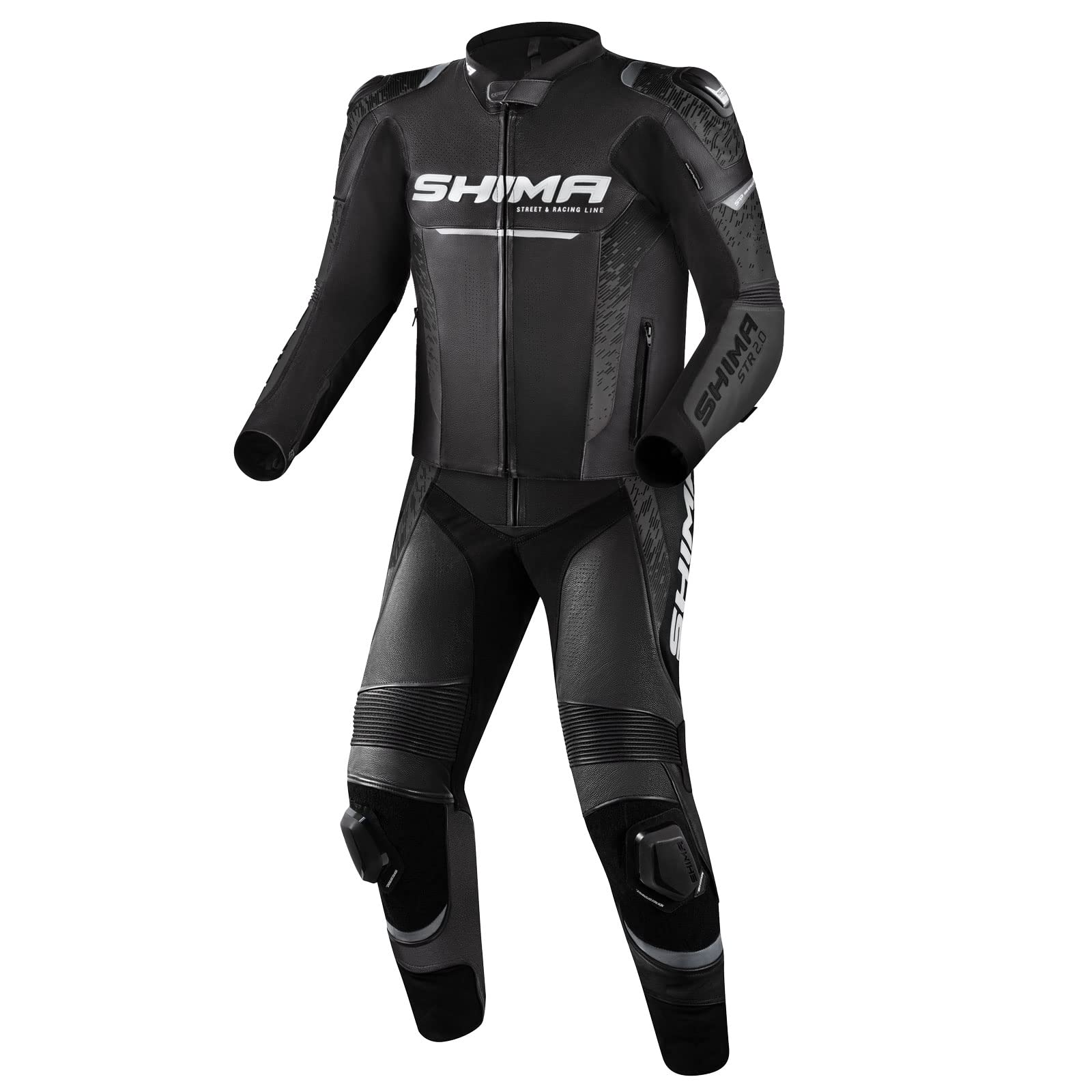 SHIMA STR 2.0 Motorradkombi - Leder, Sport Kombi mit Rücken-, Ellbogen-, Knie-, Hüft- und Schulterprotektoren, perforiertes Leder, 2-teiligen, Jacke und Hosen (46, Schwarz) von SHIMA