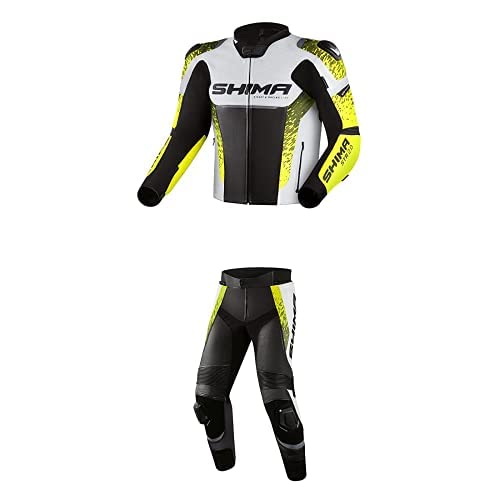 SHIMA STR 2.0 Motorradkombi - Leder, Sport Kombi mit Rücken-, Ellbogen-, Knie-, Hüft- und Schulterprotektoren, perforiertes Leder, 2-teiligen, Jacke und Hosen (48, Fluo) von SHIMA