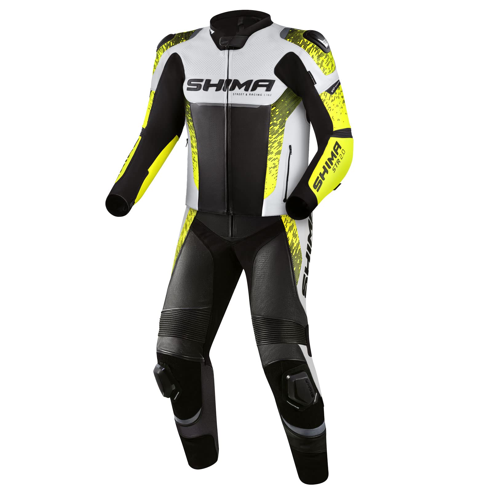 SHIMA STR 2.0 Motorradkombi - Leder, Sport Kombi mit Rücken-, Ellbogen-, Knie-, Hüft- und Schulterprotektoren, perforiertes Leder, 2-teiligen, Jacke und Hosen (54, Fluo) von SHIMA