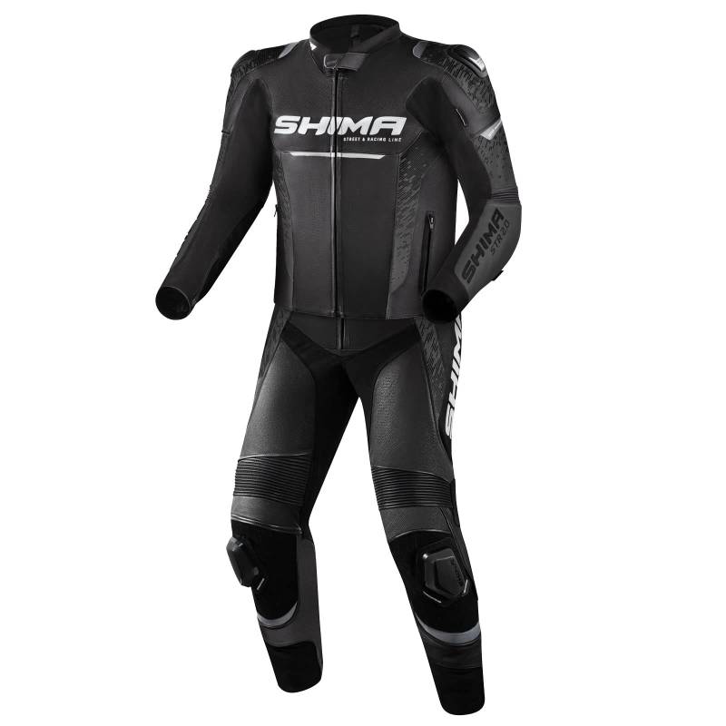 SHIMA STR 2.0 Motorradkombi - Leder, Sport Kombi mit Rücken-, Ellbogen-, Knie-, Hüft- und Schulterprotektoren, perforiertes Leder, 2-teiligen, Jacke und Hosen (60, Schwarz) von SHIMA