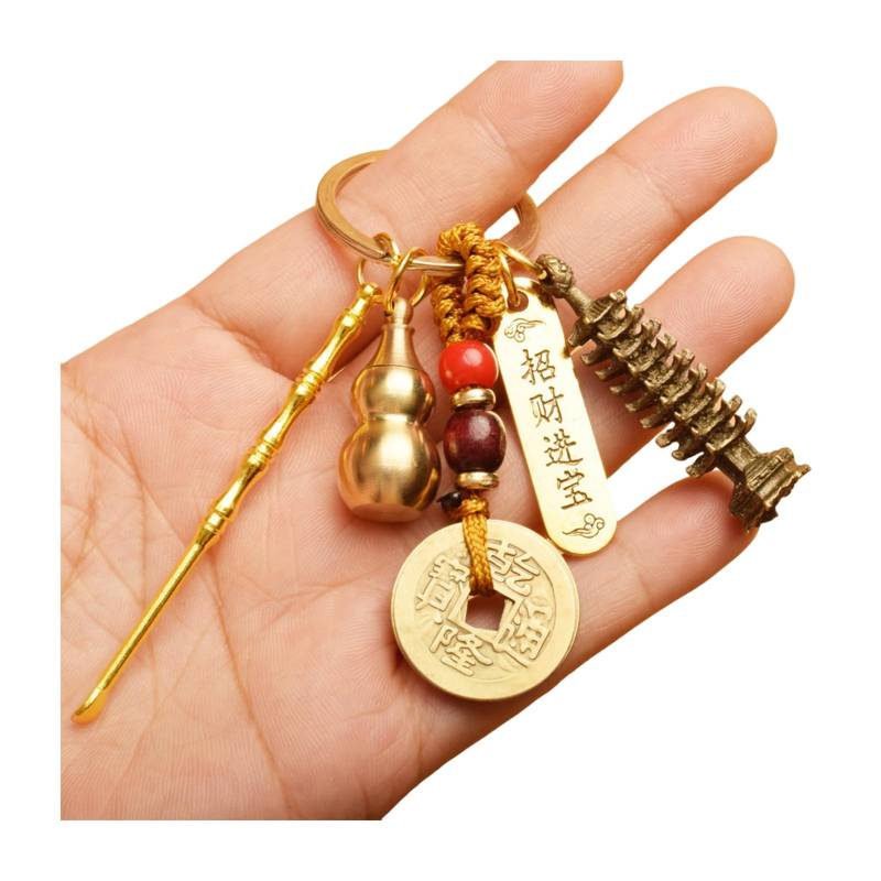 SHINROAD Exquisites Schlüsselbund-Accessoire-Geschenk-würdiger Anhänger Vintage Lucky Gourd Solid Messing Coins Geldbeutel Charm Feng Shui D von SHINROAD