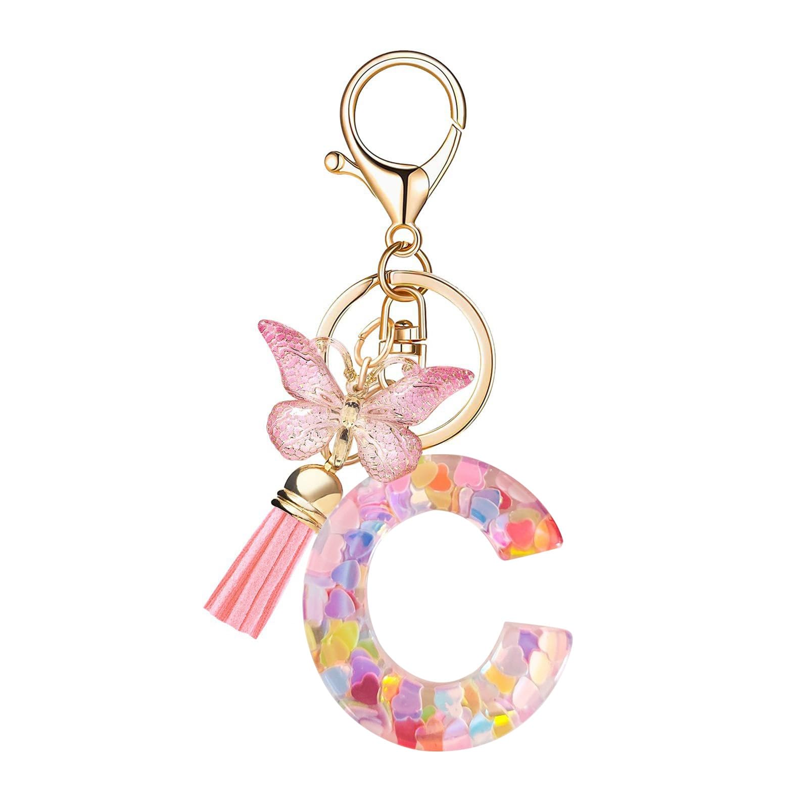 SHINROAD Herz-Sequin-Buchstaben Keychain Quasten Quasten Alphabet Schlüsselring Epoxidharz Englisch mit herzförmigen Pailletten Schmetterlinge anfängliche Schriftzeichenschlüsselkette Becher C von SHINROAD