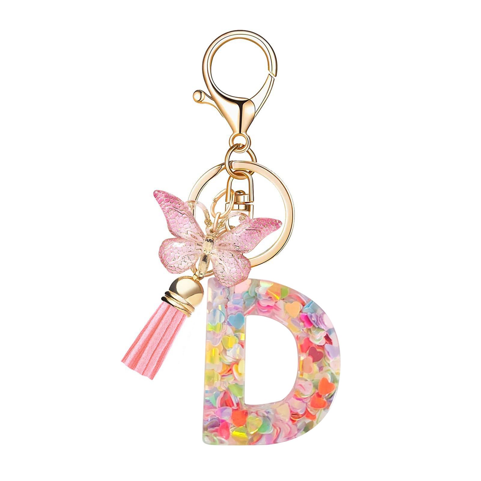 SHINROAD Herz-Sequin-Buchstaben Keychain Quasten Quasten Alphabet Schlüsselring Epoxidharz Englisch mit herzförmigen Pailletten Schmetterlinge anfängliche Schriftzeichenschlüsselkette Becher D von SHINROAD