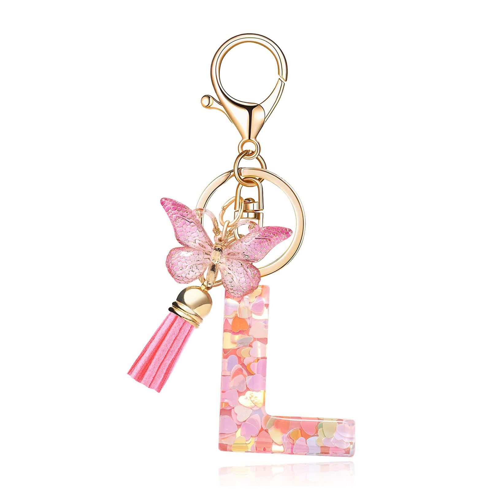 SHINROAD Herz-Sequin-Buchstaben Keychain Quasten Quasten Alphabet Schlüsselring Epoxidharz Englisch mit herzförmigen Pailletten Schmetterlinge anfängliche Schriftzeichenschlüsselkette Becher L von SHINROAD