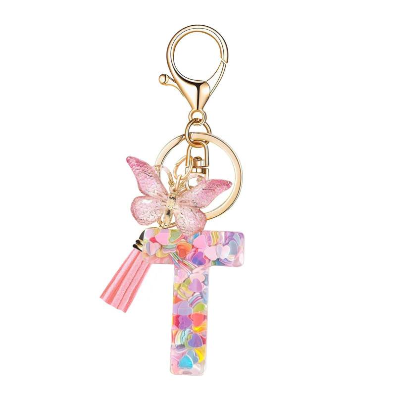 SHINROAD Herz-Sequin-Buchstaben Keychain Quasten Quasten Alphabet Schlüsselring Epoxidharz Englisch mit herzförmigen Pailletten Schmetterlinge anfängliche Schriftzeichenschlüsselkette Becher T von SHINROAD