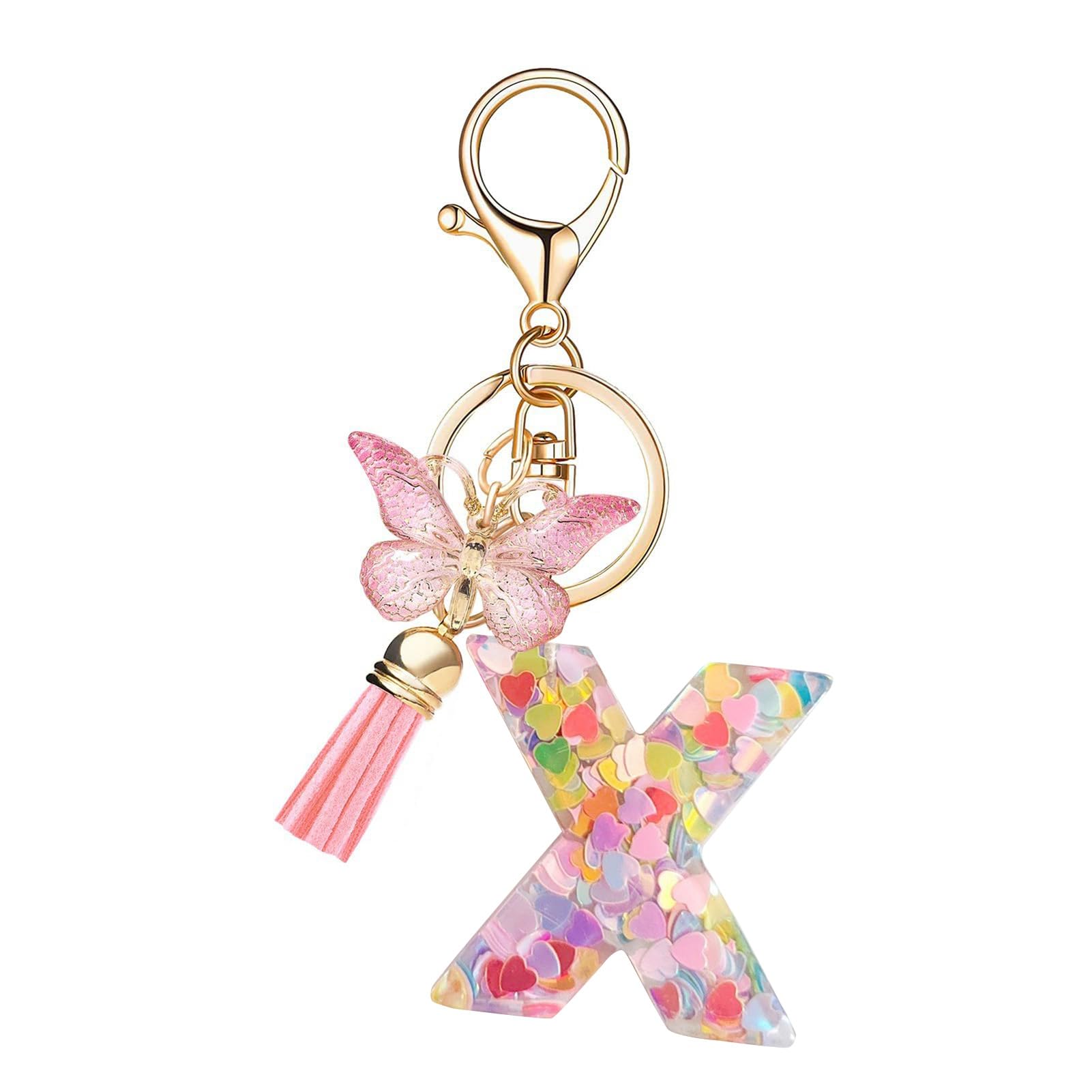 SHINROAD Herz-Sequin-Buchstaben Keychain Quasten Quasten Alphabet Schlüsselring Epoxidharz Englisch mit herzförmigen Pailletten Schmetterlinge anfängliche Schriftzeichenschlüsselkette Becher X von SHINROAD