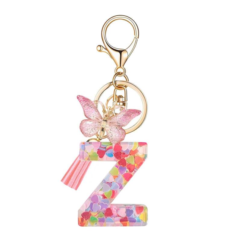 SHINROAD Herz-Sequin-Buchstaben Keychain Quasten Quasten Alphabet Schlüsselring Epoxidharz Englisch mit herzförmigen Pailletten Schmetterlinge anfängliche Schriftzeichenschlüsselkette Becher Z von SHINROAD