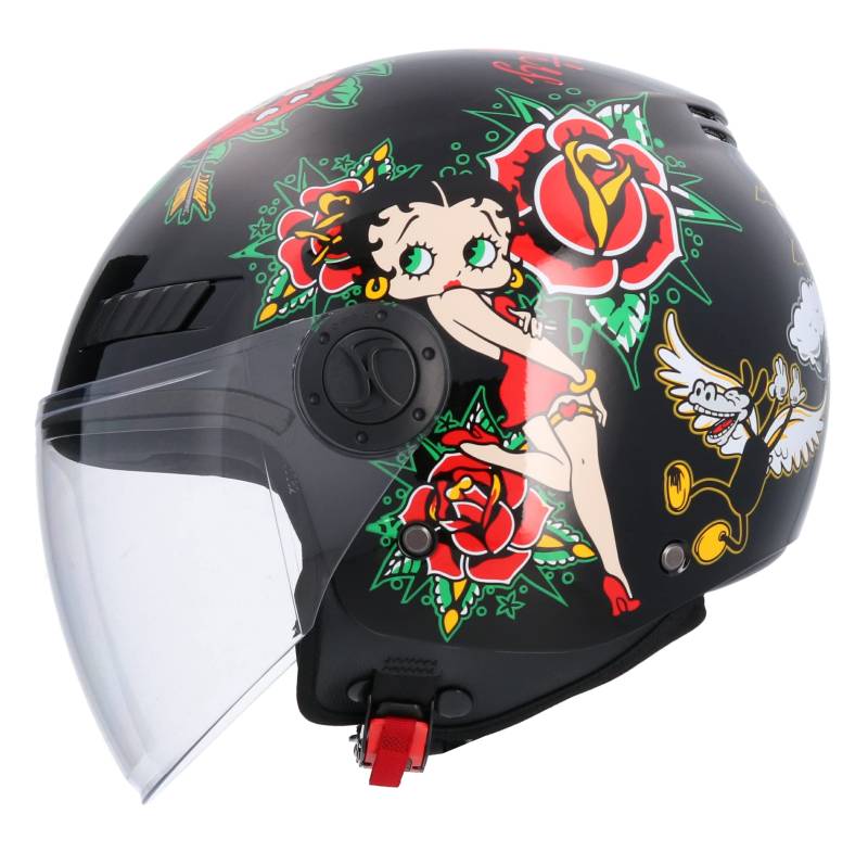 Motorradhelm Jethelm Herren mit ECE-Zulassung, La Betty Helm, Schwarz, Größe M (57/58) von Shiro