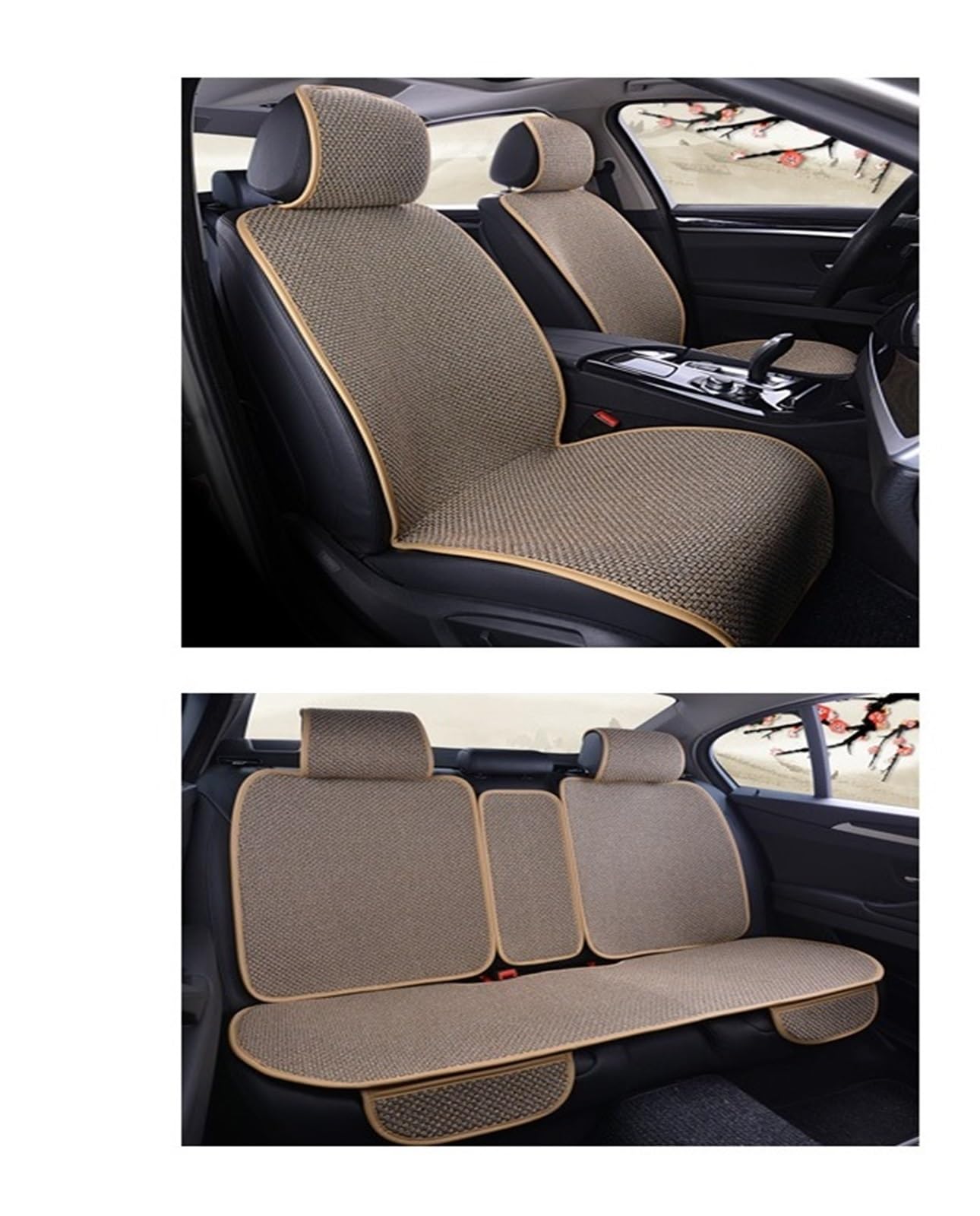 SHOUXI Vordersitzbezüge Leinen-Sommerschutz Vorne Hinten Hinten, Komplettes Set Kissenpolster Mit Rückenlehne, Auto-Innenraum-Zubehör(Beige) von SHOUXI