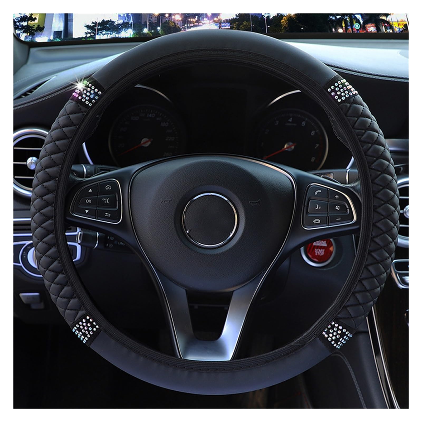 Steering Wheel Cover 15 ''/37-38 cm Frauen Auto SUV PU Diamant Lenkrad Abdeckung Universal Innen Zubehör Auto Auto Zubehör(Black Red) von SHOUXI