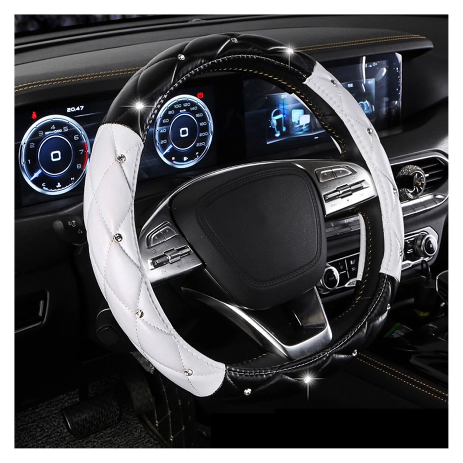 Steering Wheel Cover Diamant-PU-Lenkradabdeckung Mit Glitzernden Kristall-Strasssteinen, Universell Passend Für 38 cm Auto-Radschutz(Weiß) von SHOUXI