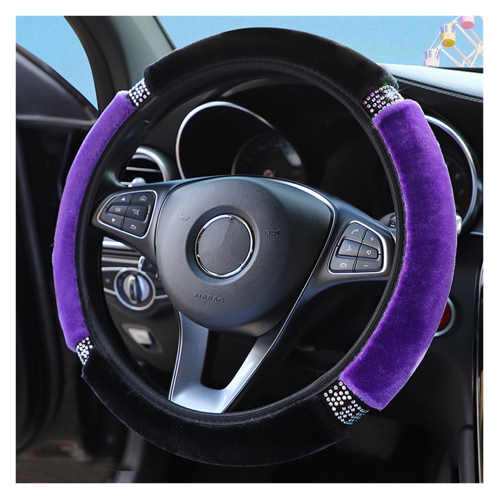 Steering Wheel Cover Universal 37-38 cm Durchmesser Weiche Plüsch Strass Auto Lenkrad Abdeckung Innen Zubehör Lenkung-Abdeckung(Black+Purple) von SHOUXI