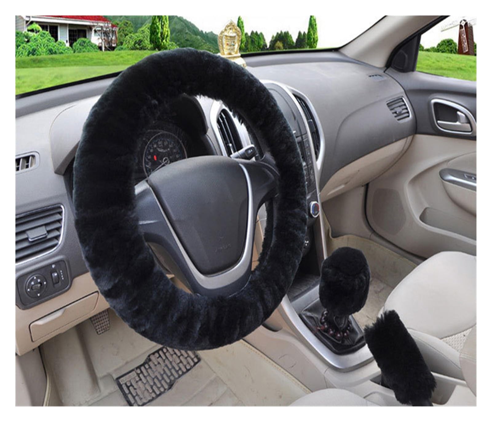 Steering Wheel Cover Universal Lenkrad Plüsch Auto Lenkrad Abdeckungen Winter Handbremse Getriebe Abdeckung Set Auto Innen Zubehör(Schwarz) von SHOUXI