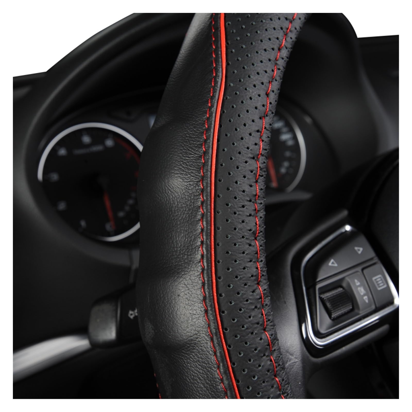 Steering Wheel Cover Universeller Schwarzer Spleiß-roter Auto-Lenkradbezug, Atmungsaktiv, Langlebig, Nähgarn, Passend Für 38 cm Durchmesser, Dekorativ von SHOUXI