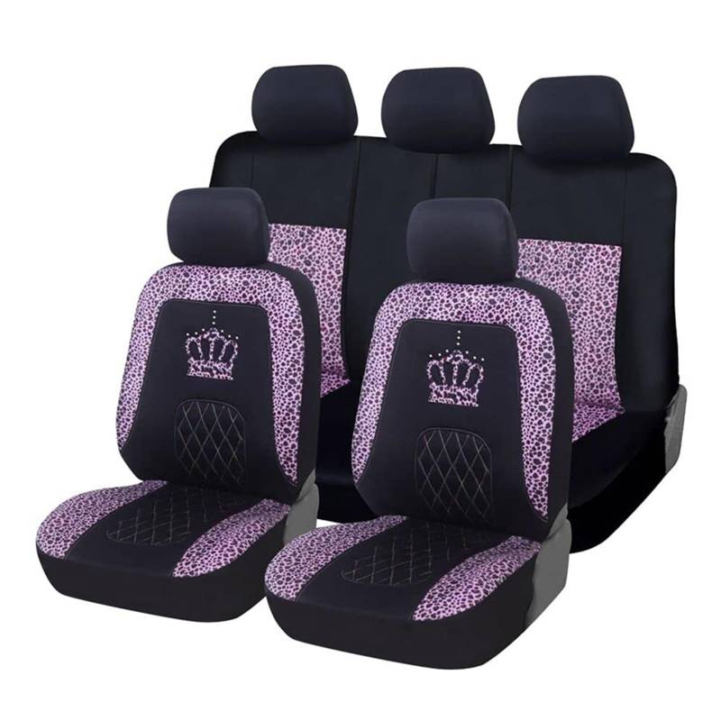 Vordersitzbezüge Autositzbezug Mit Leopardenmuster, Komplettes Set, Modisches Kronen-Design, Universell Passend Für LKW, SUV, Van, Innenzubehör(Pink leoaprd) von SHOUXI