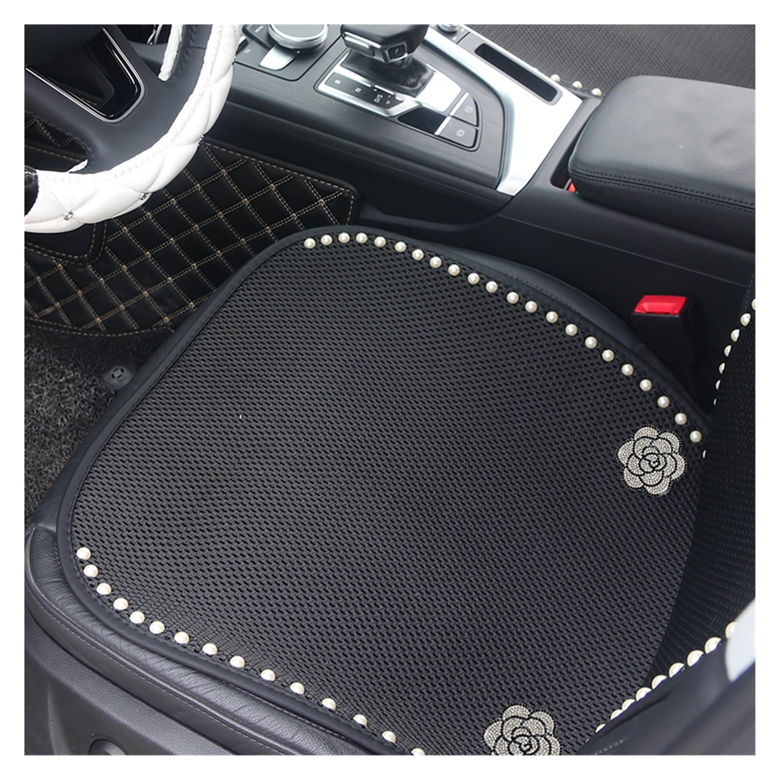 Vordersitzbezüge Sommer EIS Seide Mesh Auto Sitzbezug Mode Diamant Rose Blume Perle Auto Sitzkissen Vier Saison Pad(Schwarz,Seat pad) von SHOUXI