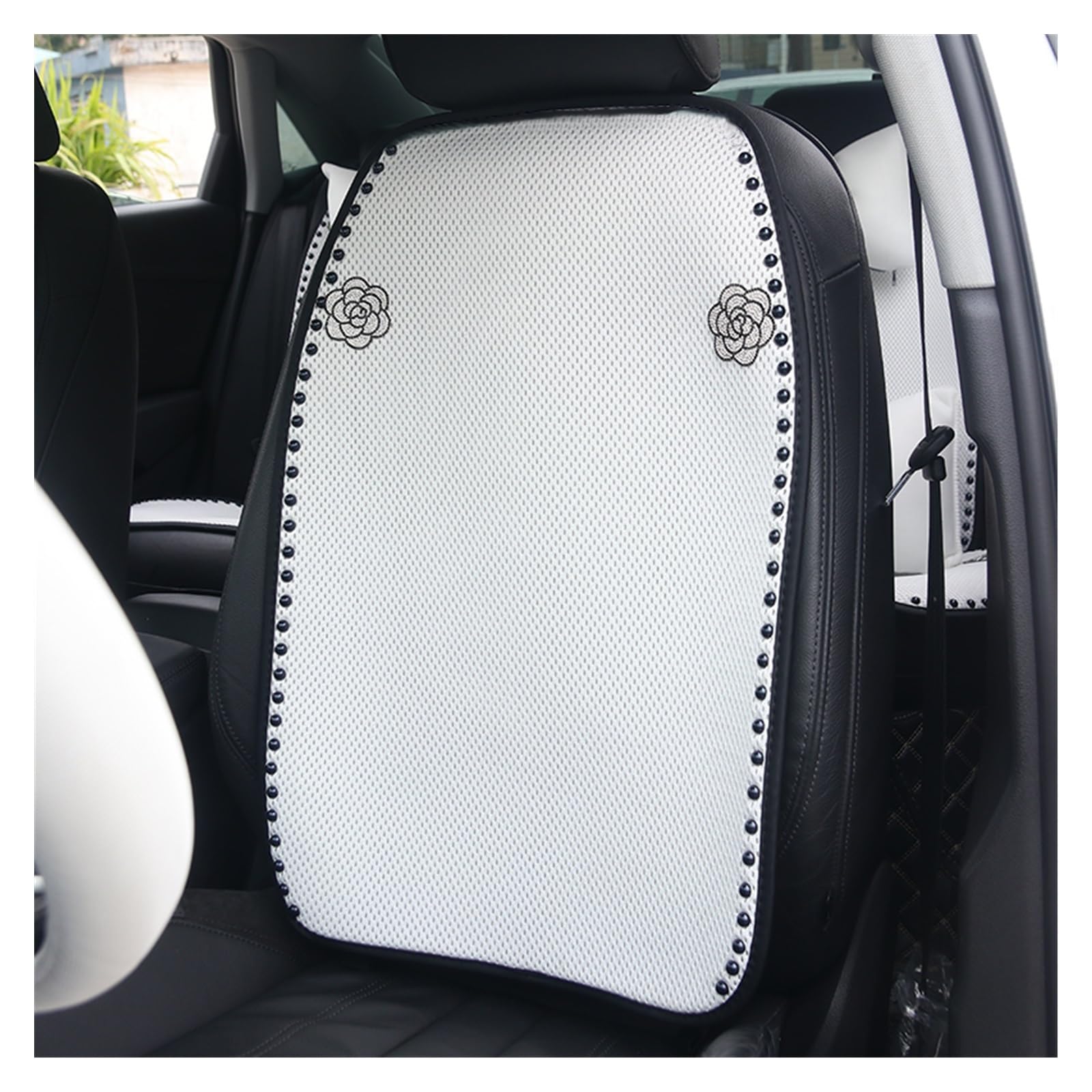 Vordersitzbezüge Sommer EIS Seide Mesh Auto Sitzbezug Mode Diamant Rose Blume Perle Auto Sitzkissen Vier Saison Pad(Weiß,Seat Back) von SHOUXI