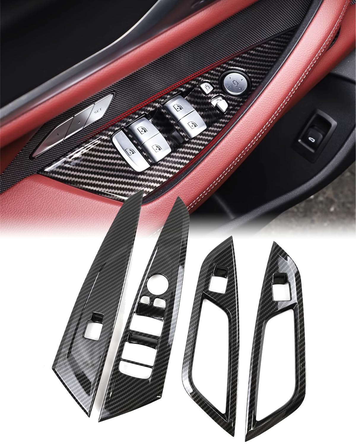 Für BMW G22 G23 Fensterheber Schalter Panel Cover Trim, Fensterheber Schalter Panel Schutz passen für BMW G22 G23 G26 i4 G83 4er Serie 2021-2024 Zubehör (4Pcs Carbon Fiber Style) von SHSBSCAR