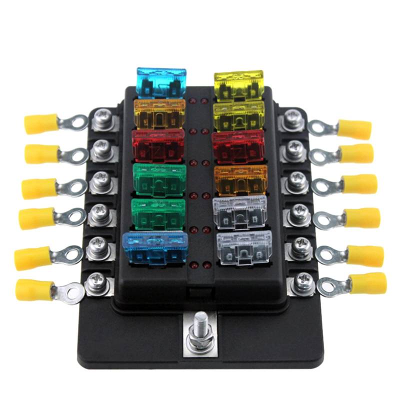 SHUAIGUO 12 Wege Blade Sicherungshalter mit,12V/24V 12-Wege-Blade Fuse Box Halter Sicherungsblöcke mit roter LED-Anzeige 10Pcs Sicherungen 10Pcs Terminals für Auto Boot Marine Caravan Truck von SHUAIGUO