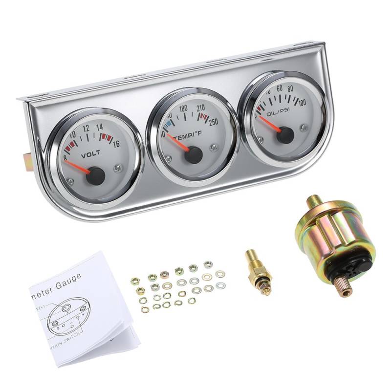 SHUAIGUO 52MM Öldruckanzeige,Wassertemperaturanzeige Öldruck Voltmeter Chrom 3 in 1 Messgerät Kit Auto Motorrad Messgerät von SHUAIGUO