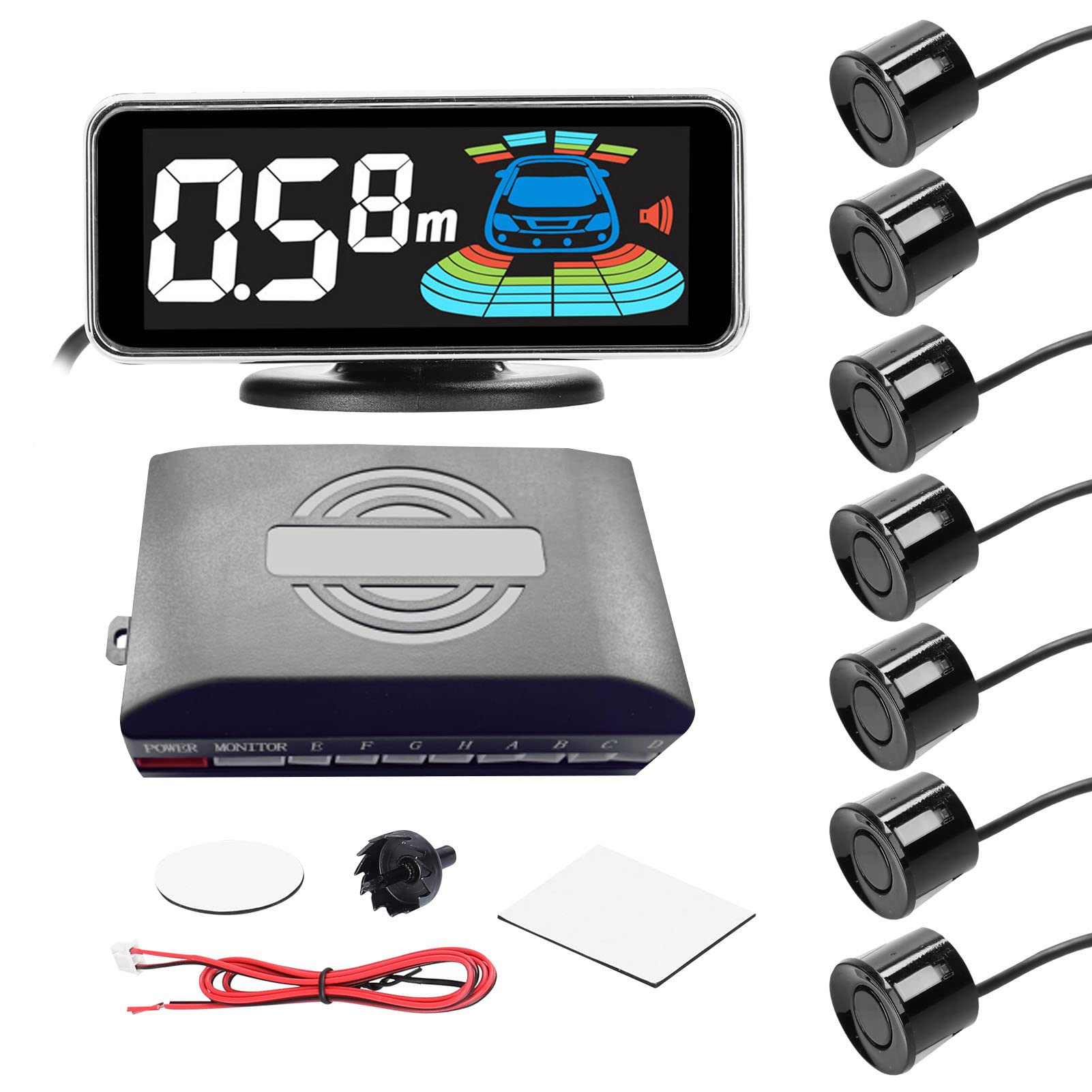 SHUAIGUO Auto Rückfahrwarner Einparkhilfe,Auto Parksensor Heck Rückfahrradar System mit 8 Sensoren Universal rückfahrwarner mit LED Farb Display,Rückwärtsgang Audio Buzzer Alarm Kit (Schwarz) von SHUAIGUO