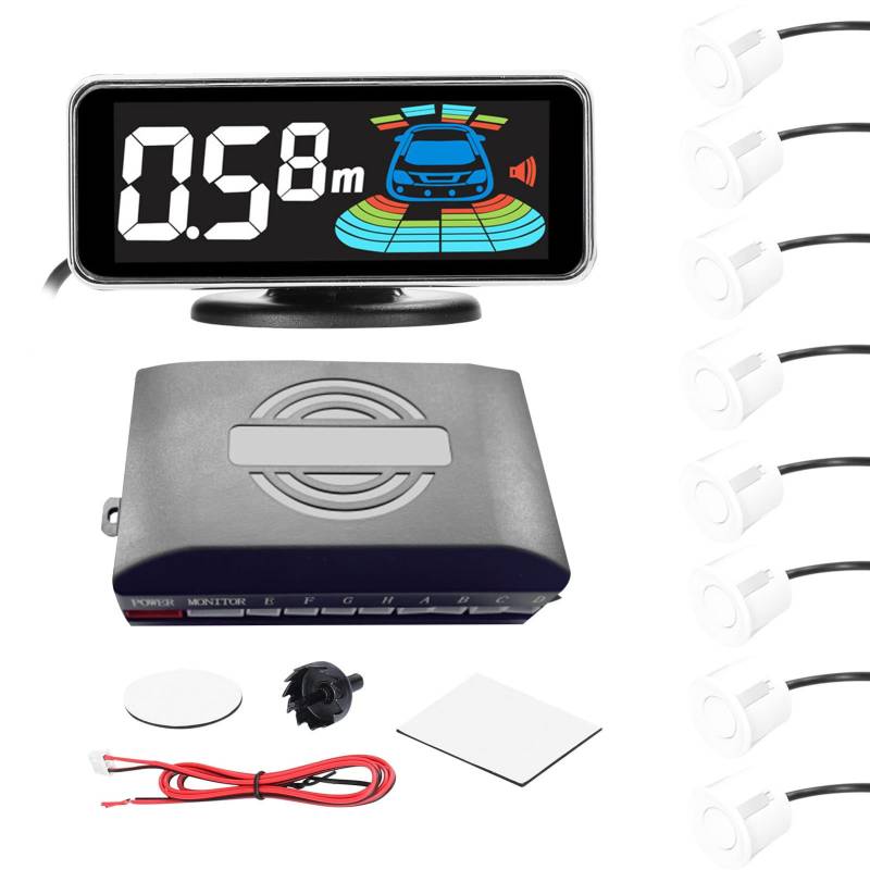 SHUAIGUO Auto Rückfahrwarner Einparkhilfe,Auto Parksensor Heck Rückfahrradar System mit 8 Sensoren Universal rückfahrwarner mit LED Farb Display,Rückwärtsgang Audio Buzzer Alarm Kit (Weiß) von SHUAIGUO