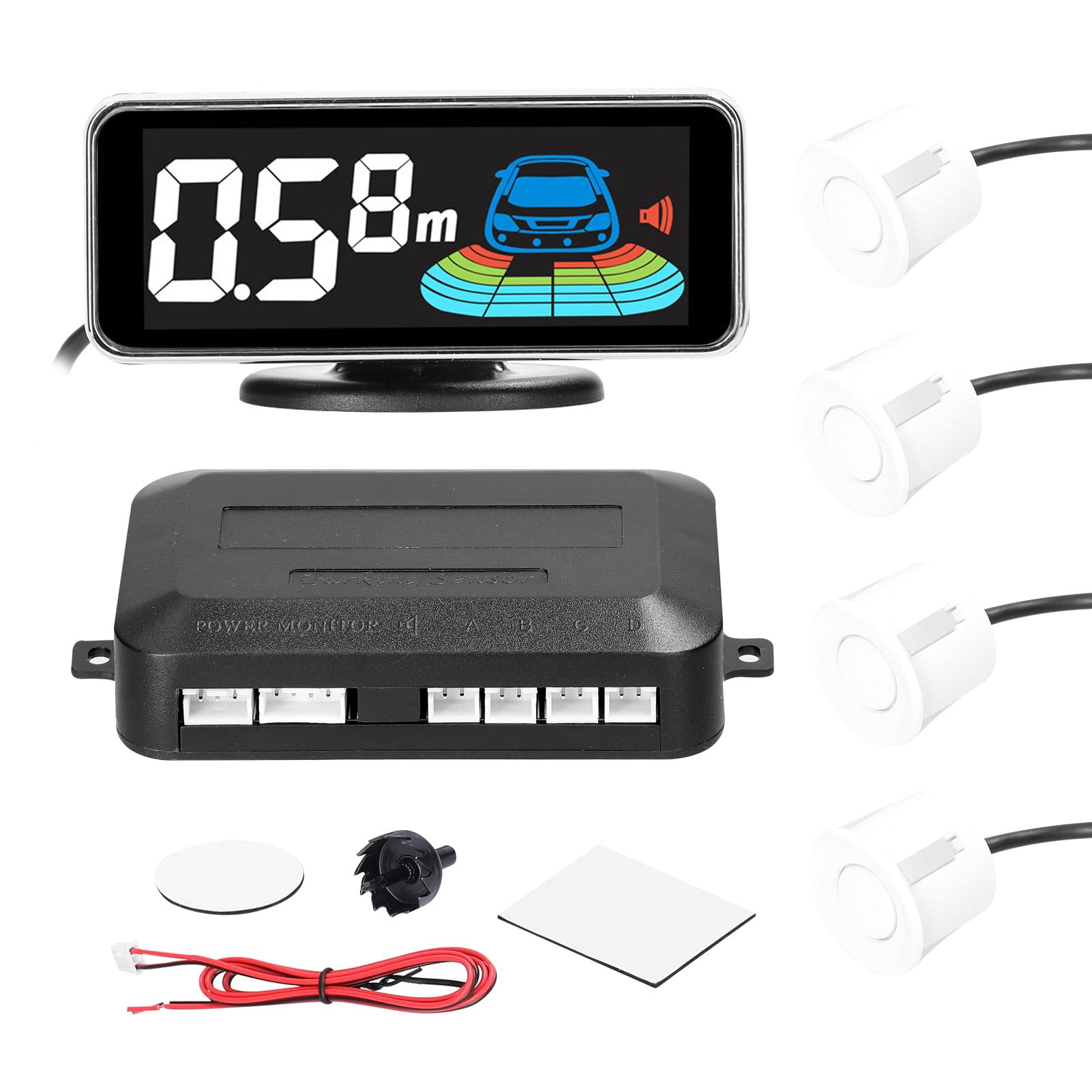 SHUAIGUO Auto Rückfahrwarner Einparkhilfe,Parksensor hinten Rückfahrradarsystem mit 4 Sensoren Universal rückfahrwarner mit LED Farb Display,Rückwärtsgang Audio Buzzer Alarm Kit (Weiß) von SHUAIGUO