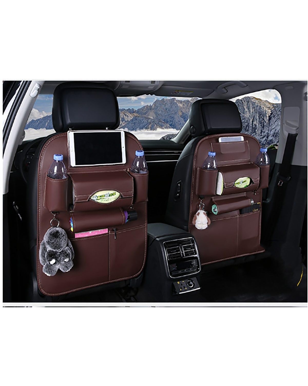 Gepäcknetz Auto 2024 Autositz-Rücken-Organizer Mit Faltbarem Tischtablett Aufbewahrungs-Organizer Aus PU-Ler Mit Taschen Trittmatten Sitzinnenraum Kofferraum Organizer(Coffee Color Standar) von SHUGWA