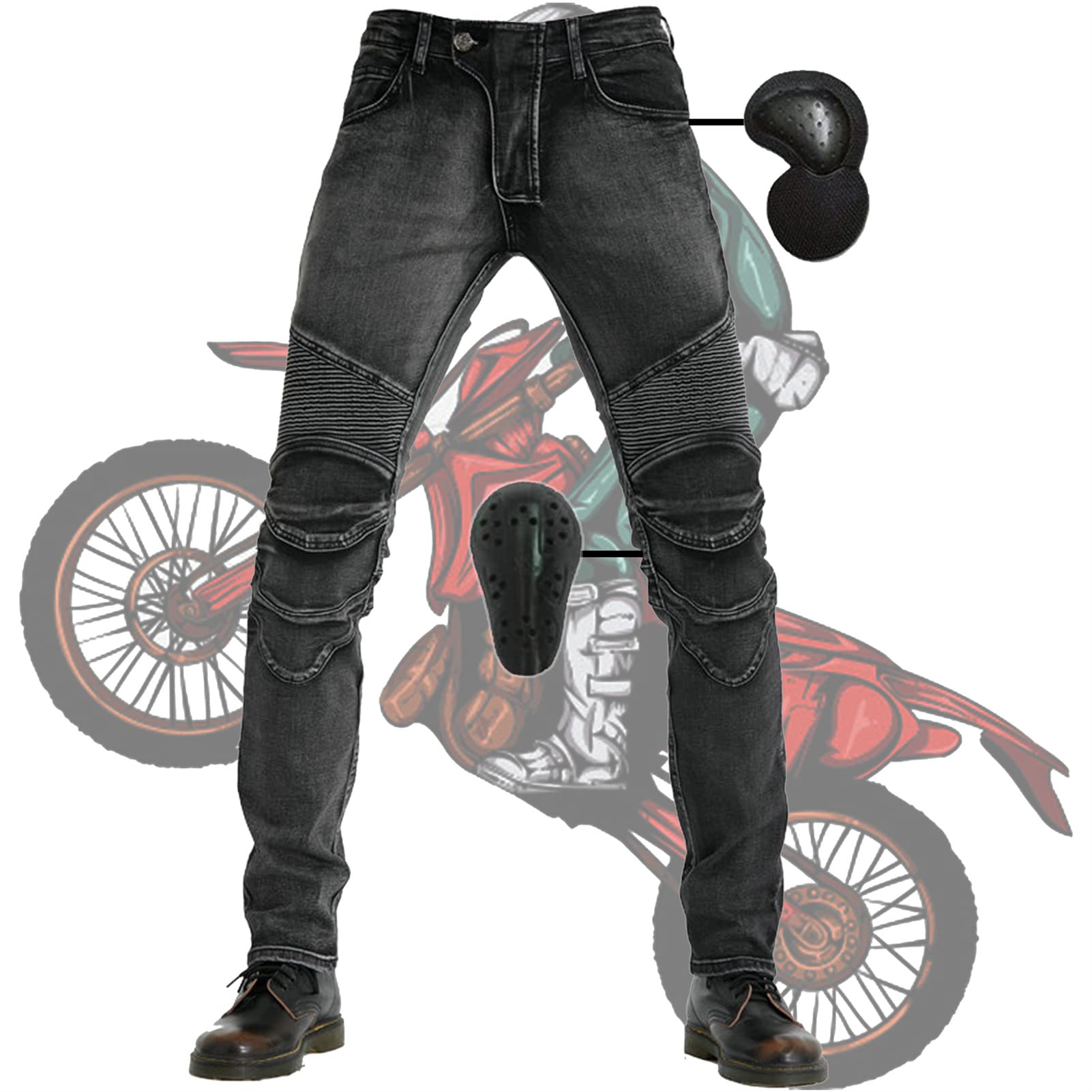 Herren Slim Fit Motorrad Jeans Mit Protektoren Knie Und Hüftprotektoren Stretch Slim Fit Denim Motorradhose Anti-Fall Straight Fit Cargo Motorradjeans Schutzhose Damen (Black,L) von SHUOJIA