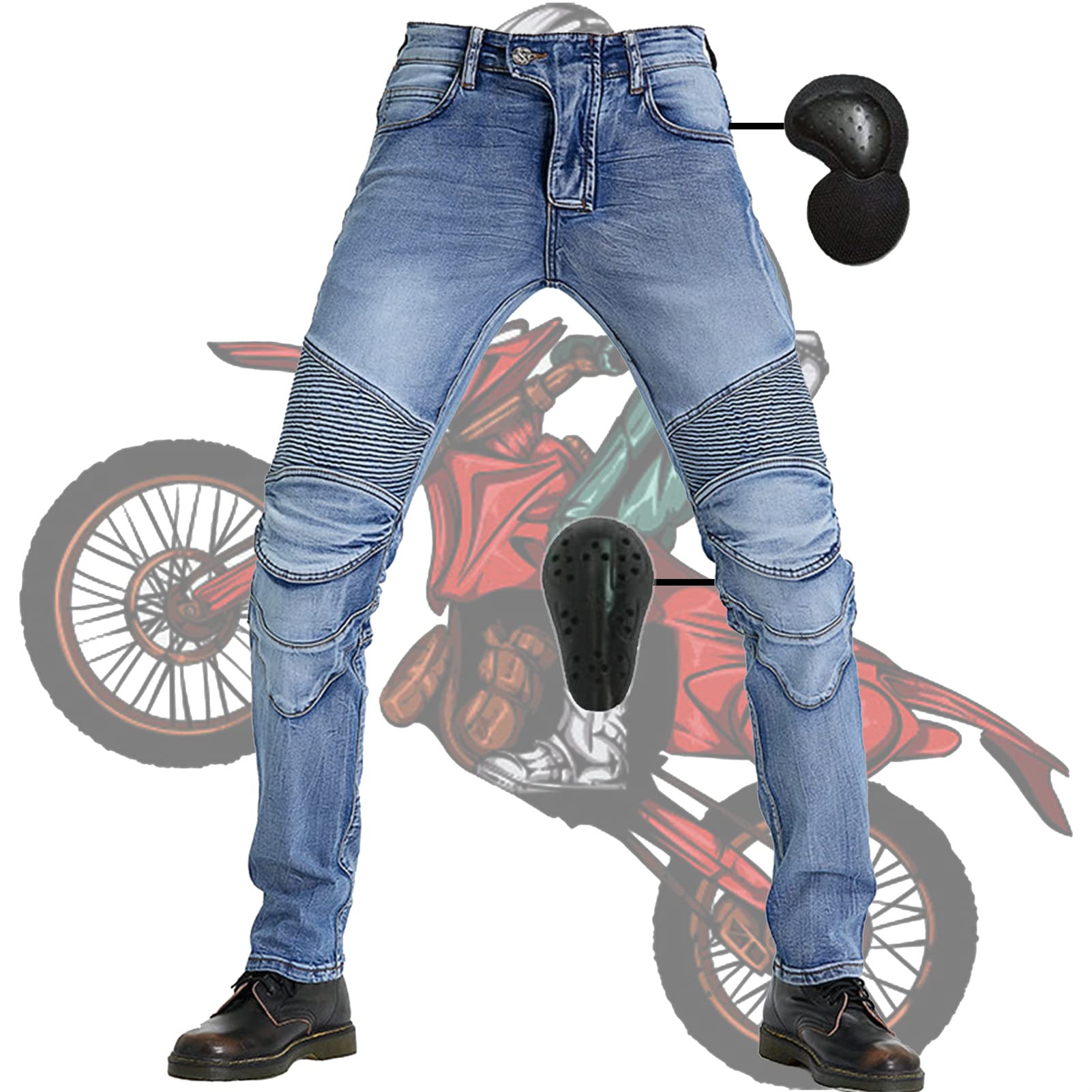 Herren Slim Fit Motorrad Jeans Mit Protektoren Knie Und Hüftprotektoren Stretch Slim Fit Denim Motorradhose Anti-Fall Straight Fit Cargo Motorradjeans Schutzhose Damen (Blue,L) von SHUOJIA