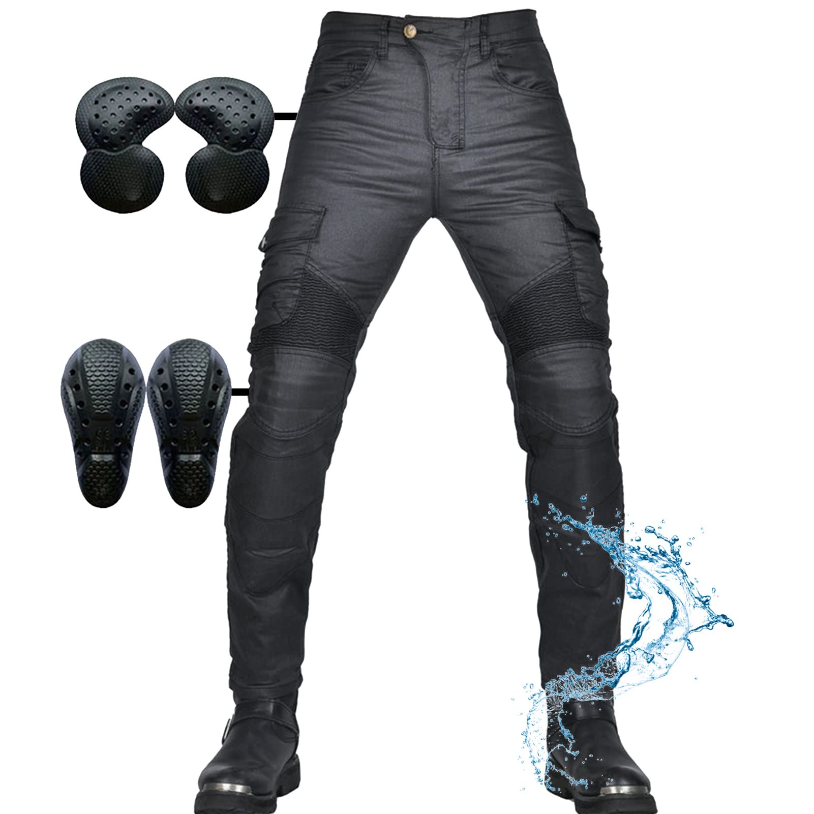 SHUOJIA Damen-Motorrad-Jeans Motorrad-Schutzhose winddichte, wasserdicht beschichtete Motorradhose, mit 2 Paar Protect-Hüft- und Kniepolstern, abnehmbar, mehrere Taschen, Jean (Black,XL) von SHUOJIA
