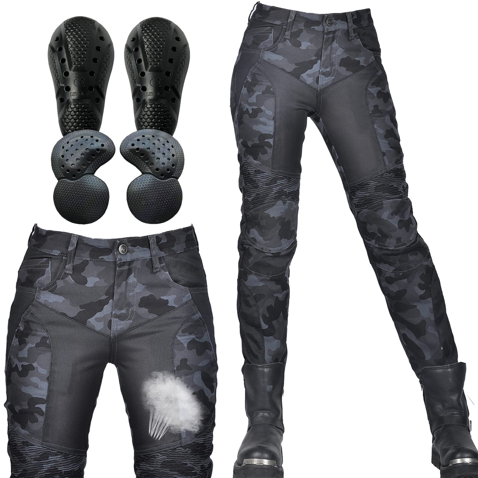 SHUOJIA Damen Motorradjeans mit Camouflage-Denim-Hose mit atmungsaktivem Mesh und abnehmbaren Hüft- und Knieprotektoren Sommer (Blue,2XL) von SHUOJIA