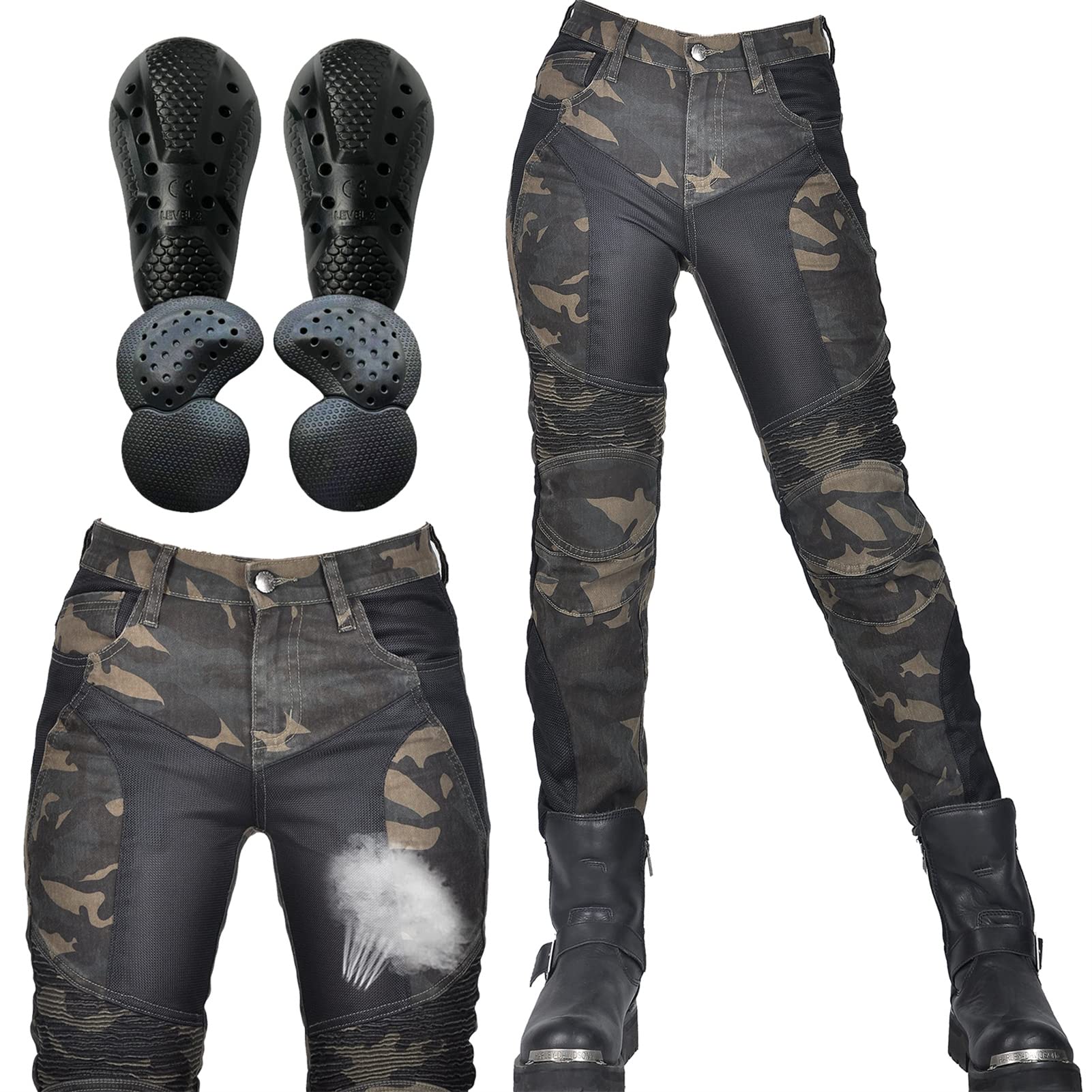 SHUOJIA Damen Motorradjeans mit Camouflage-Denim-Hose mit atmungsaktivem Mesh und abnehmbaren Hüft- und Knieprotektoren Sommer (Green,L) von SHUOJIA