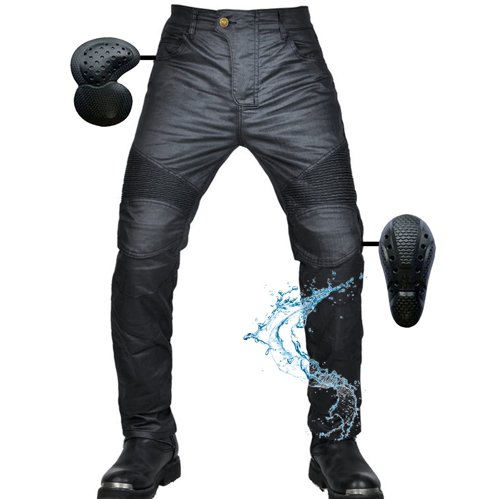 SHUOJIA Herren Motorradhose Wasserdichte Beschichtete Motorrad Reiten Schutzhose Denim Jeans Reißfester Stretch Vintage Jeanshose mit Abnehmbar Rüstung Knie-Hüftpolster (Black,L) von SHUOJIA