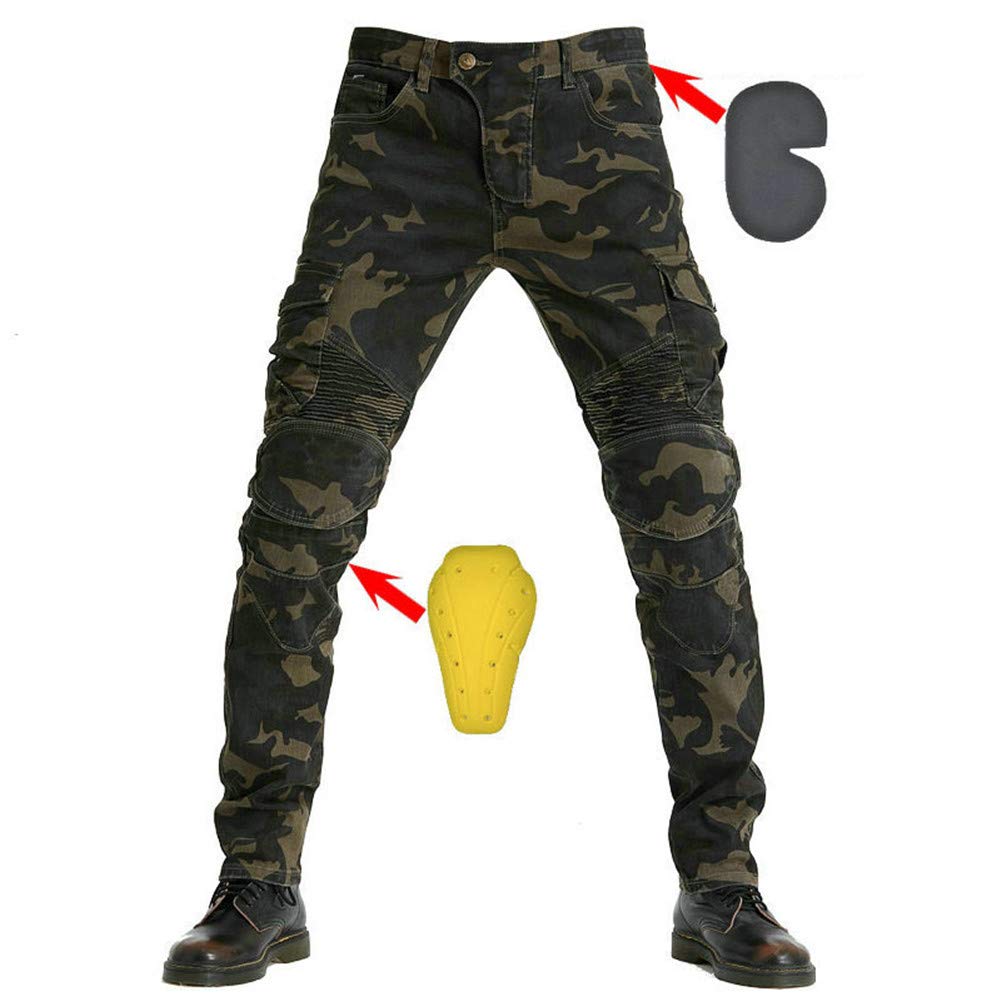 SHUOJIA Herren Motorradreithose JeansSportliche Motorrad Hose Mit Protektoren Motorradhose Mit Oberschenkeltaschen (Camouflage color,4XL) von SHUOJIA