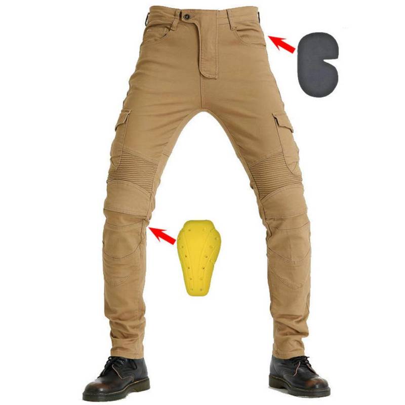 SHUOJIA Herren Motorradreithose JeansSportliche Motorrad Hose Mit Protektoren Motorradhose Mit Oberschenkeltaschen (Khaki,L) von SHUOJIA