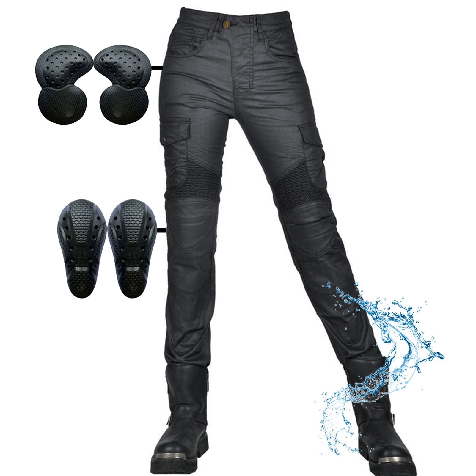 SHUOJIA Motorrad-Jeans-Schutzhose für Damen, winddicht, wasserdicht, beschichtete Motorradhose, mit 2 Paar Protect-Hüft- und Kniepolstern, abnehmbar, mehrere Taschen, Jean (Black,2XL) von SHUOJIA