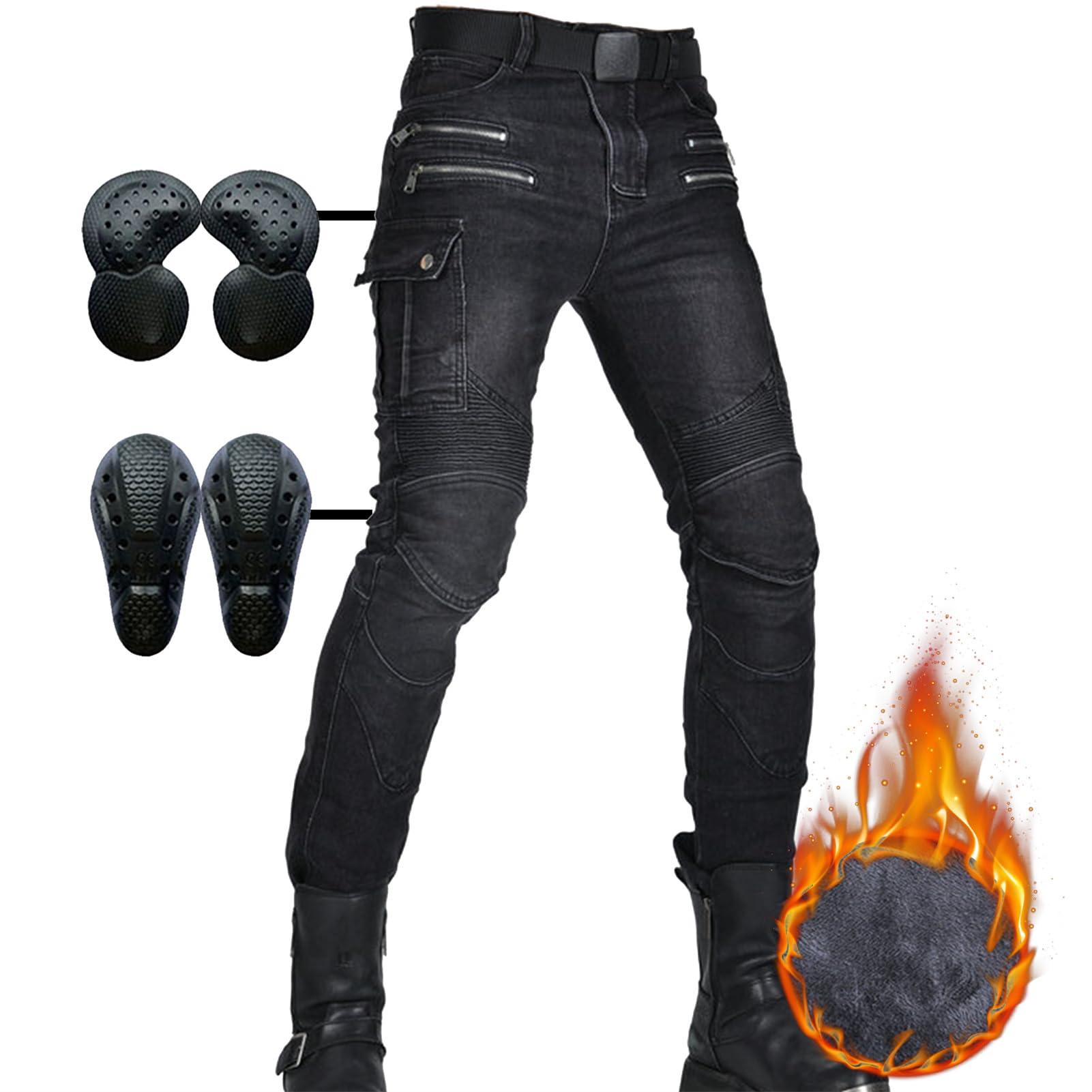 SHUOJIA Motorradhose-Motorrad jeans herren,mit Thermofleece gefütterte Winter-Outdoor-Motorradhose für Damen mit protektoren abnehmbarer Motocross Denim Jeans (Black-2,L=W35.4/90cm) von SHUOJIA