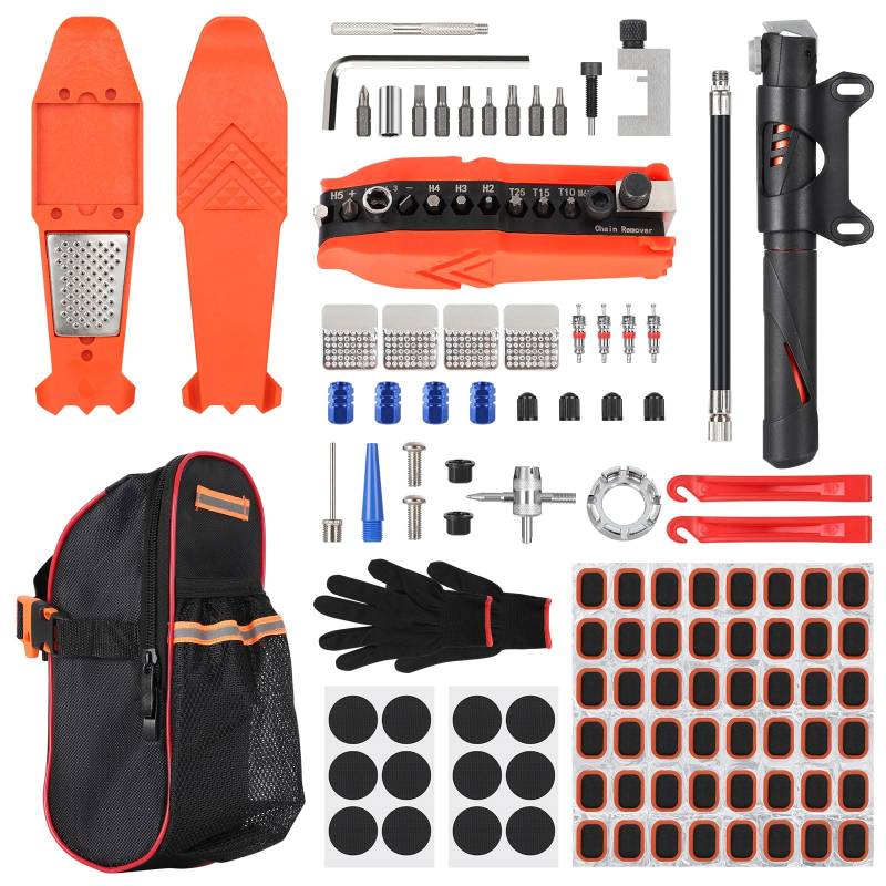 SHYOSUCCE 110-teiliges Fahrrad Reparatur Set und Werkzeuge mit satteltasche,Unterwegs Fahhradtasche und Notfallwerkzeug Flickzeug,17-in-1 Fahrrad Multitools, Fahrradpumpe, Reifenheber für Fahrrad von SHYOSUCCE