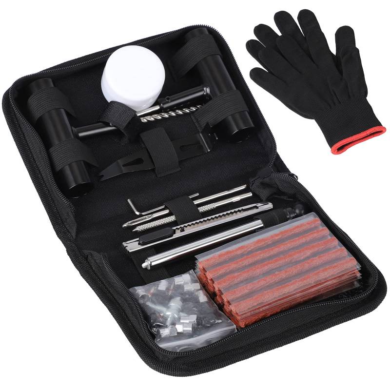 SHYOSUCCE Reifen Reparaturset, 62 Stück Reifenreparaturset Heavy Duty Flat Reparatur Set mit Reifendruckprüfer und Handschuhe für Auto, Motorrad, ATV, Jeep, LKW von SHYOSUCCE