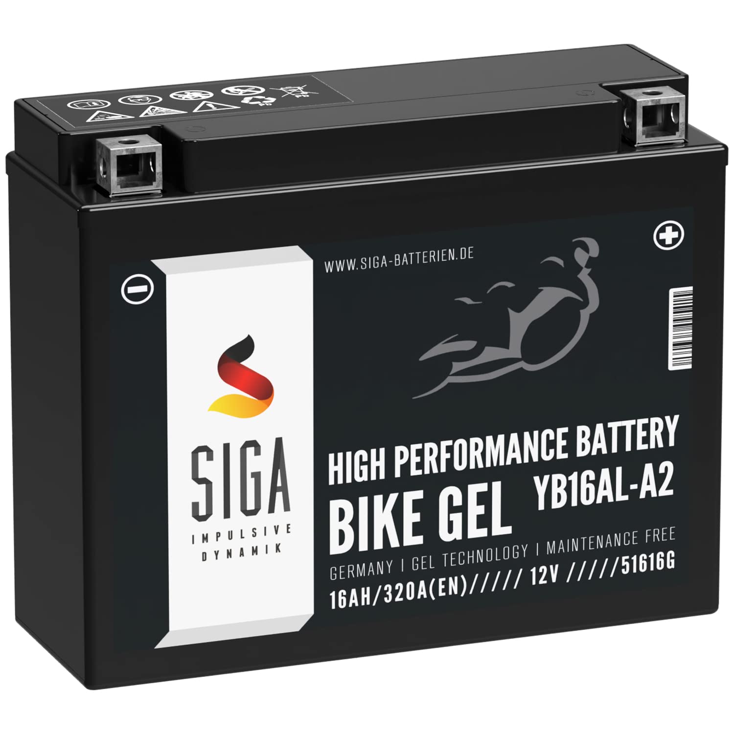 SIGA YB16AL-A2 GEL Motorradbatterie 16Ah 12V 320A/EN GEL Batterie 12V Batterie doppelte Lebensdauer wartungsfrei entspricht 51616 GEL12-16AL-A2 von SIGA IMPULSIVE DYNAMIK