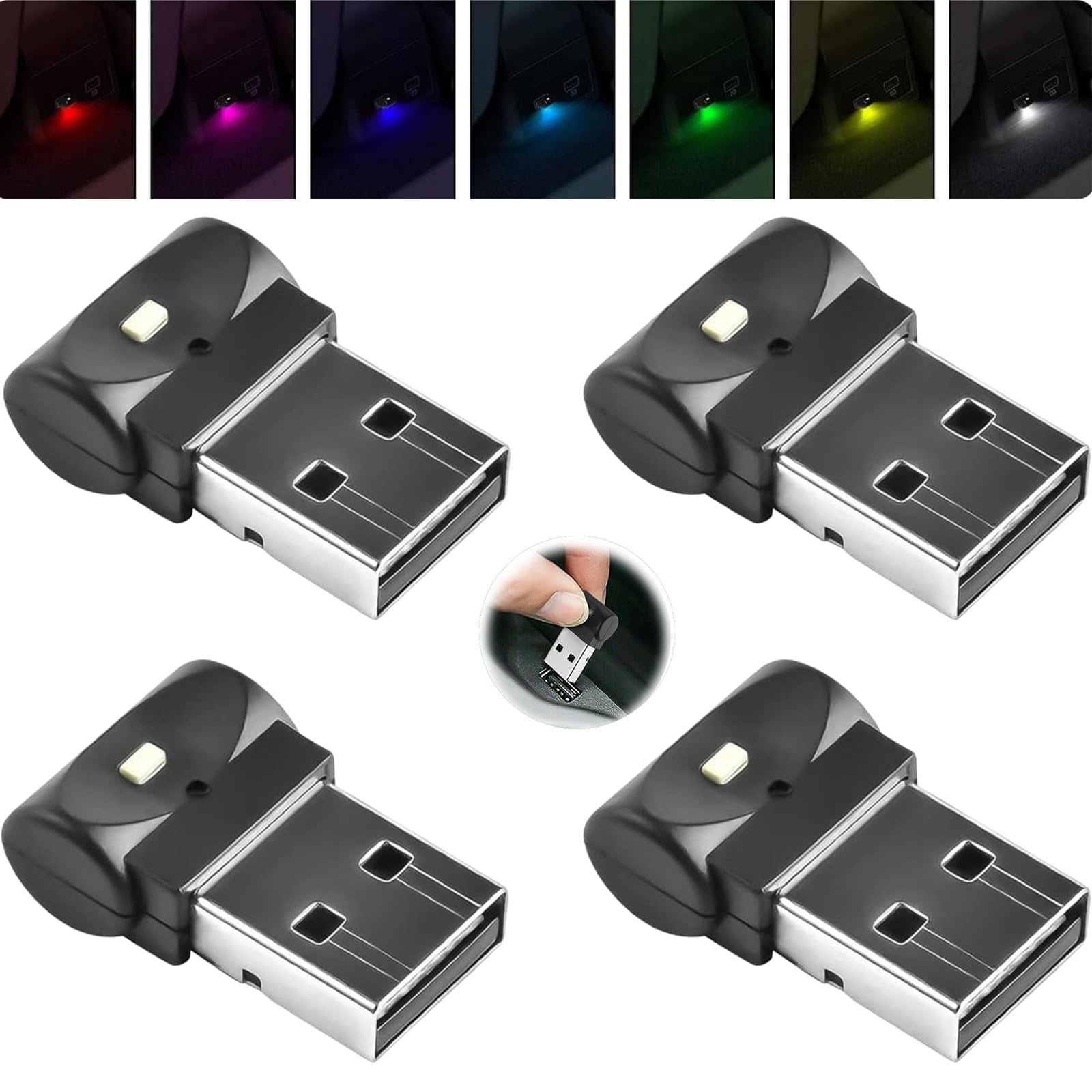 SIGANDG 4 Stück USB LED Auto Innenraum Umgebungslicht, tragbares Mini LED Nachtlicht [7 Farben einstellbar], Plug in USB Schnittstelle, Kofferraum Umgebungslicht Set von SIGANDG