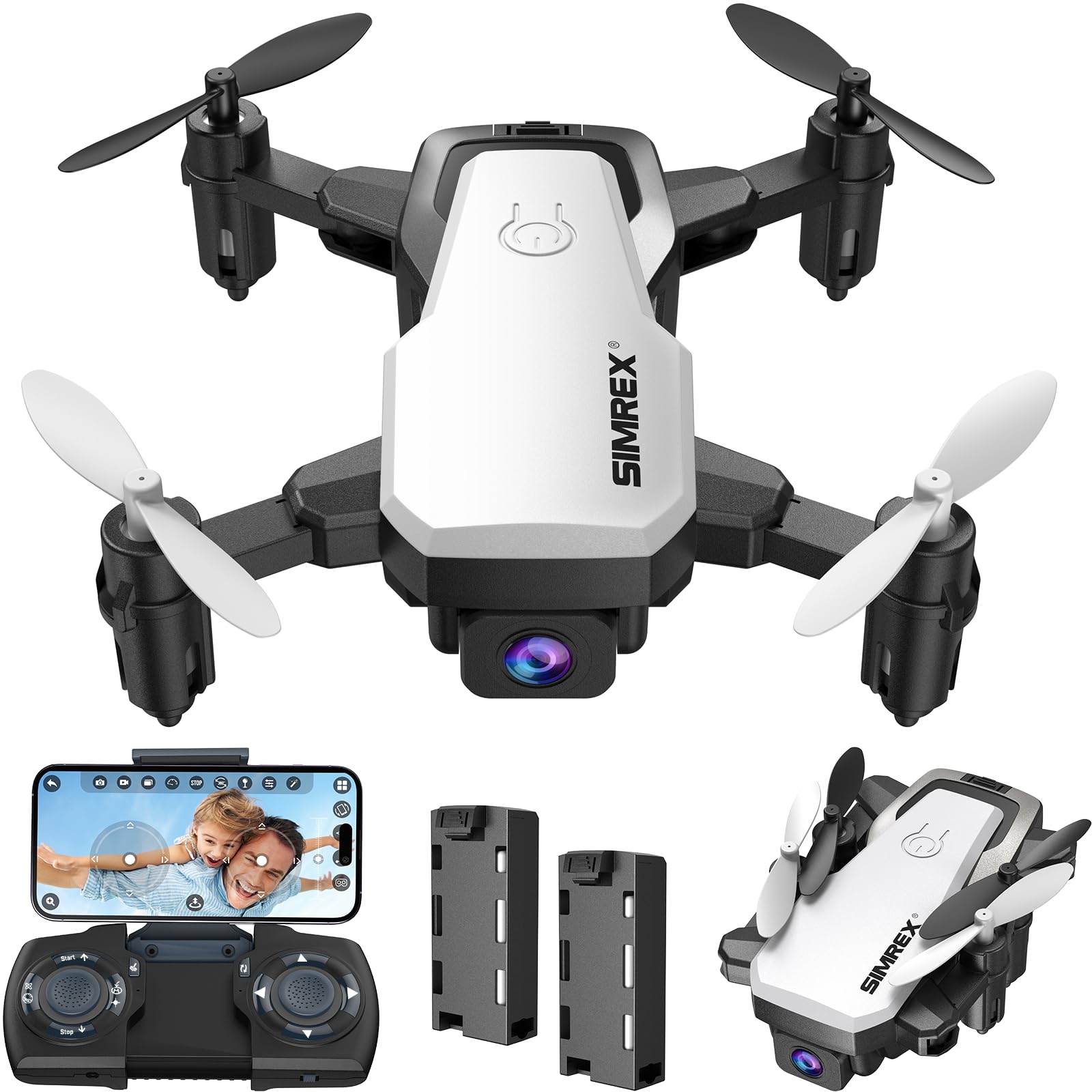 SIMREX X300C Drohne mit Kamera 720P HD, RC Quadcopter faltbare Drohne, Mini Drone mit Höhe halten, 3D Flip, Headless Modus, Schwerkraft Control und 2 Batterien, Geschenke für Kinder, Erwachsene, Weiß von SIMREX