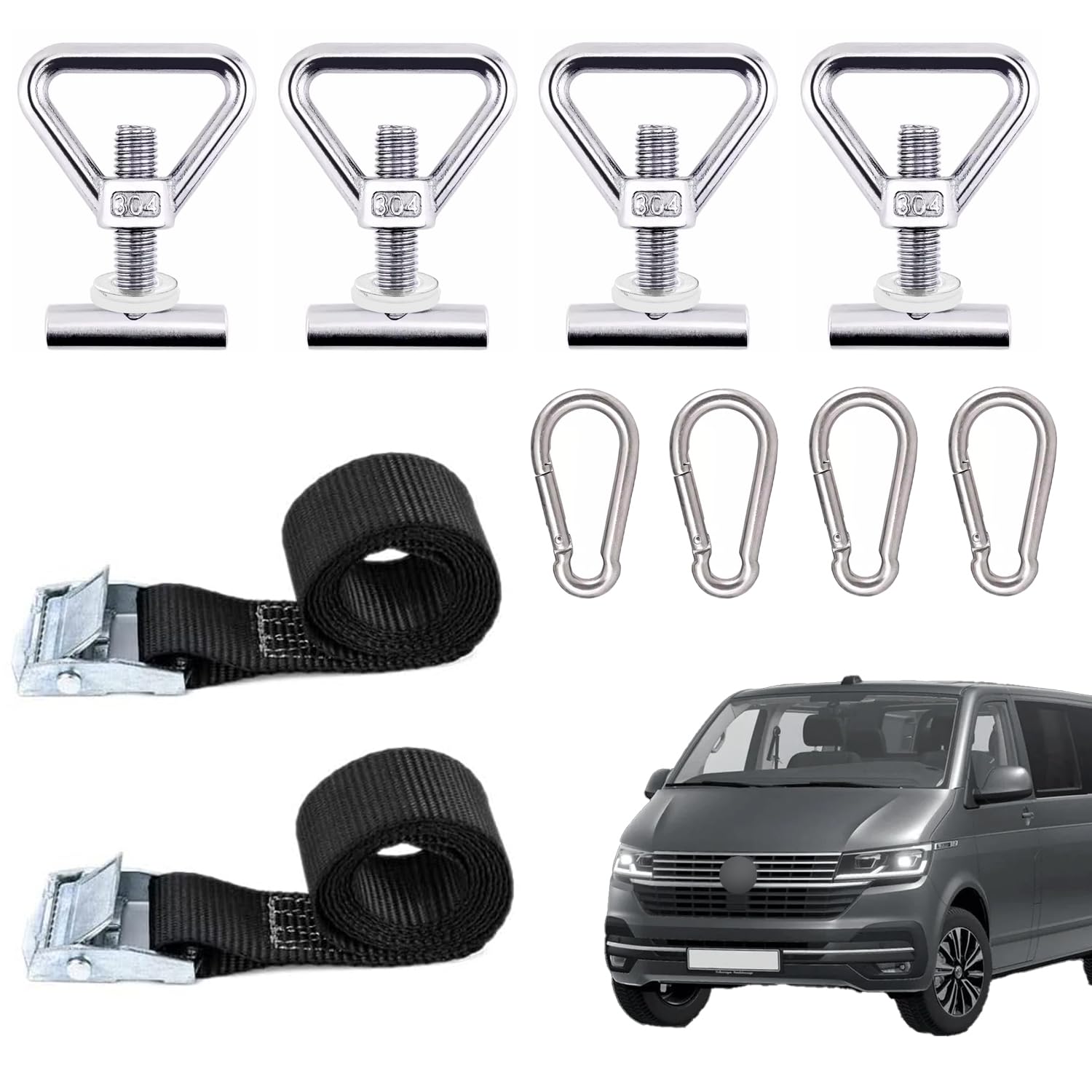 SIMTWO 10 Stück Zurrösen zur Ladungssicherung Set Kompatibel mit VW T5 T6 T6.1, M10 Edelstahl Zurrösen für VW T5/T6 Dach-Schienen, Ladungssicherung Set mit 4er Karabinerhaken 2er Spanngurte Kurz von SIMTWO