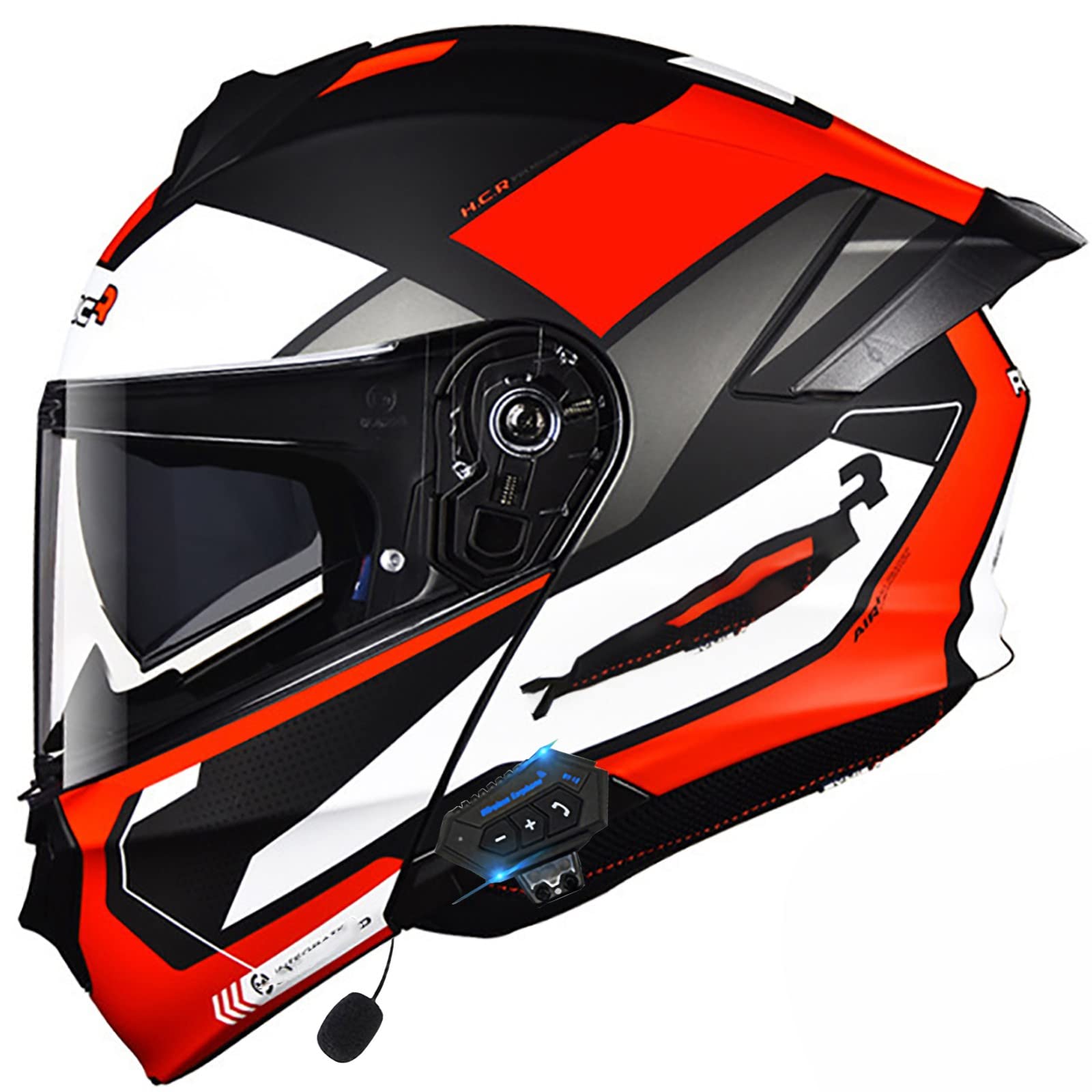 Bluetooth Klapphelm Integralhelm Motorrad Helm ECE Zertifizierter Motorradhelm mit Mikrofon für Automatische Reaktion Antibeschlag-Doppelvisier für Herren Damen Erwachsene Red,L=57~58cm von SJAPEX